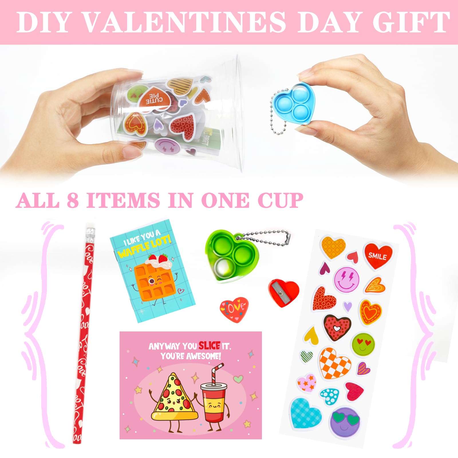 DAZONGE 24 Pack Valentines Day Gifts for Kids, Valentines Stationery Set with Pencil Notebook Pop Heart Keychain Sticker Eraser Sharpener, Valentines Day Cards for Kids Classroom Boys Girls 4