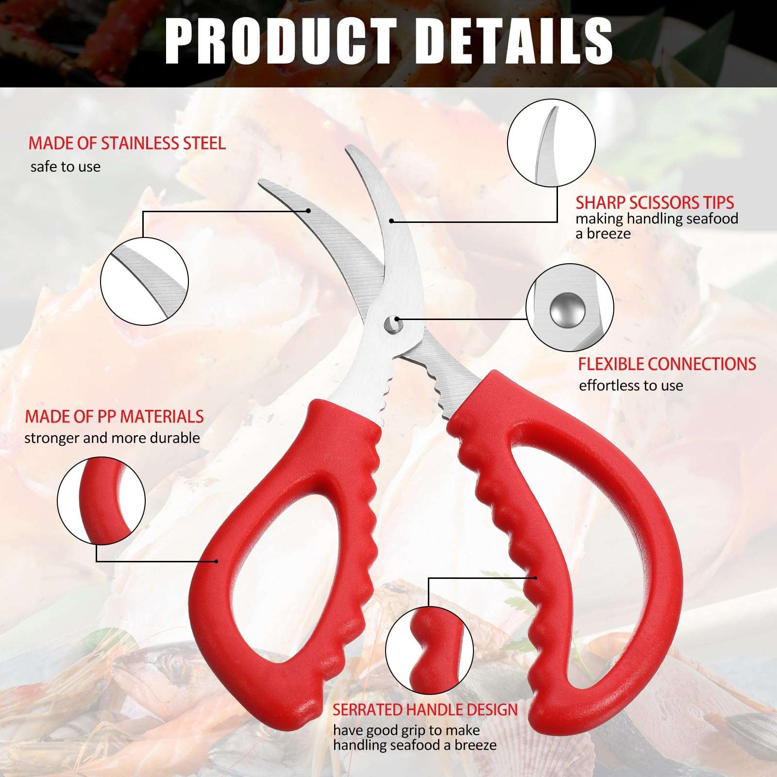 Gisafai 30 Pcs Kitchen Seafood Scissors for Crab Bulk, Red Leg Scissors Multifunctional Stainless Steel Shears Crab Leg Crackers Fish Crab Shrimp Lobster Scissors for Kitchen Seafood Peeling Tools 6