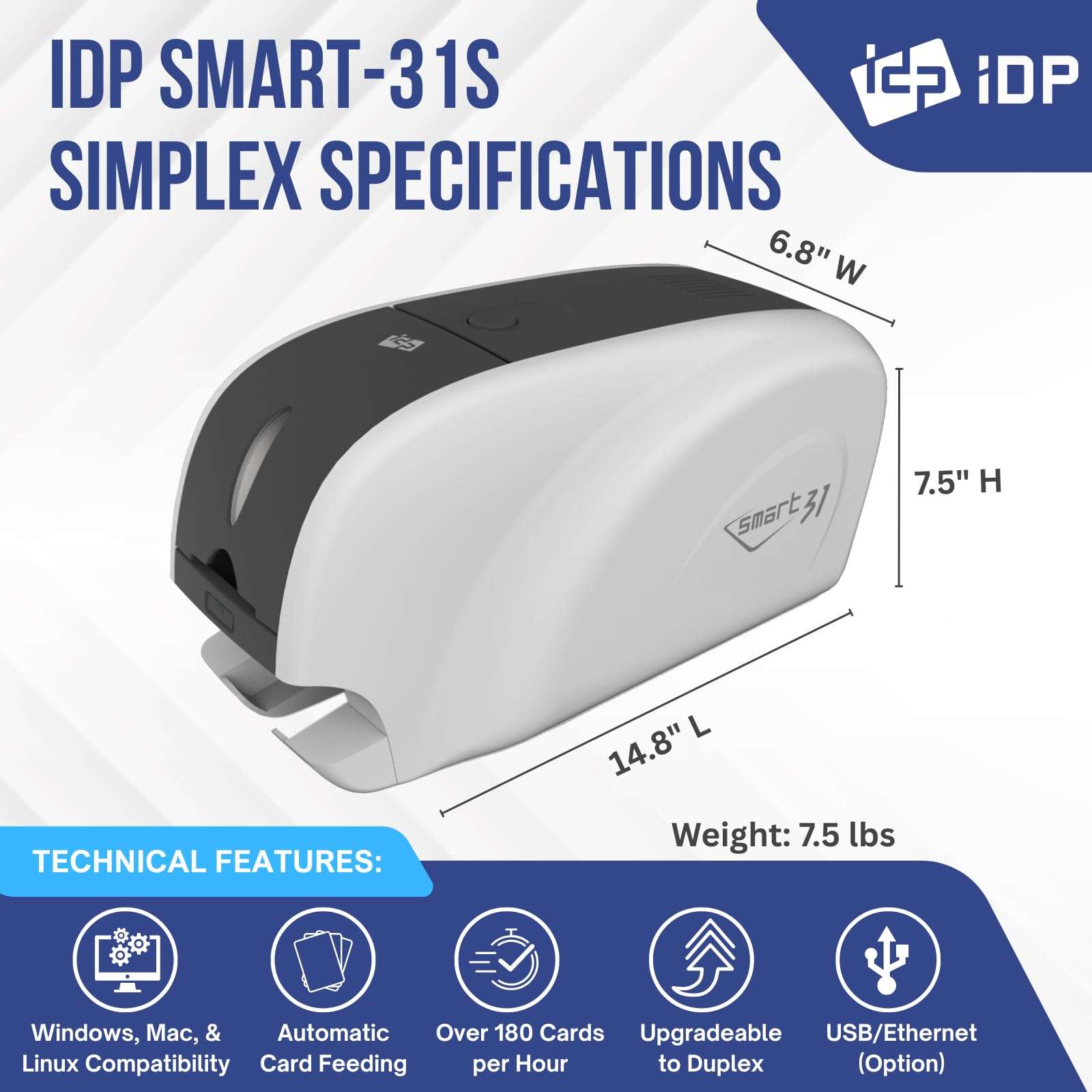 IDP SMART-31 Series ID Card Simplex Printer Bundle with USB Camera, Software, Manual and Guides - Includes 250-Print YMCKO Color Ribbon and 100 PVC Plastic Cards - Now with SMARTMark Security 3