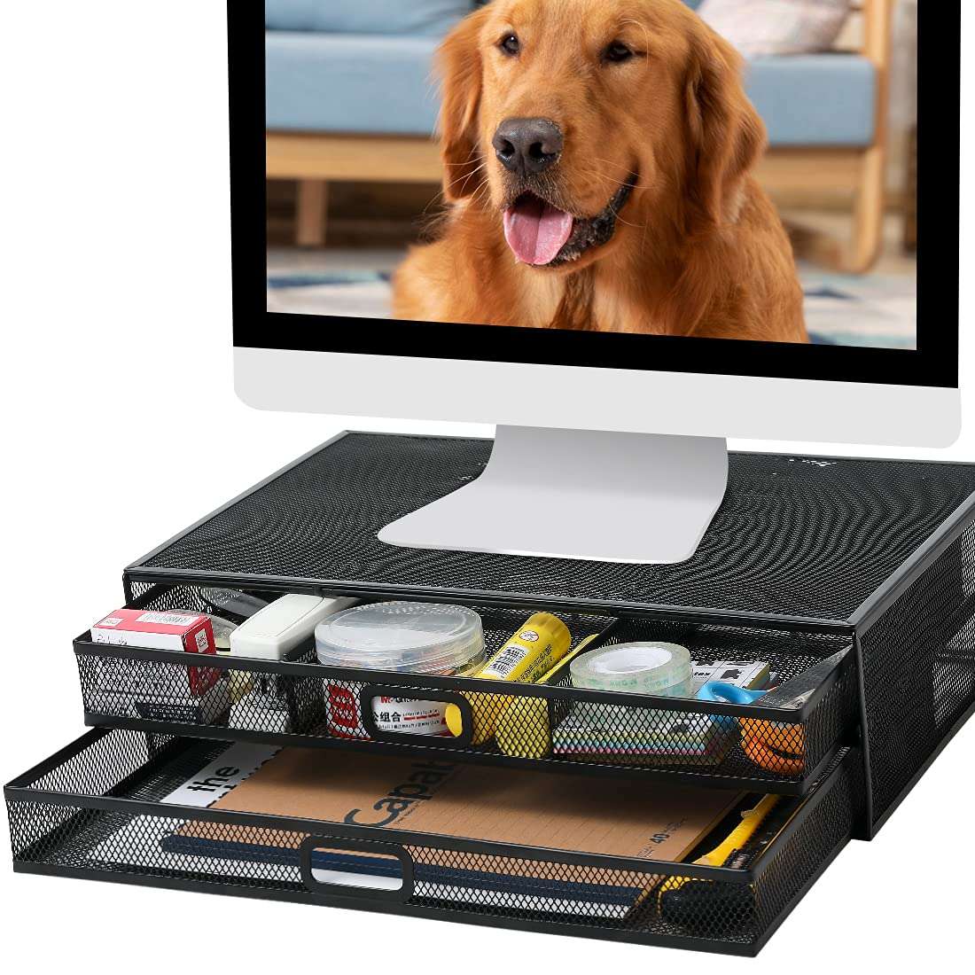 Monitor Stand Riser with Drawer Mesh Metal Desk Organizers Accessories PC Printer Holder with Pull Out Drawer Organizer, Laptop, Notebook,Office Supplies for Computer 1