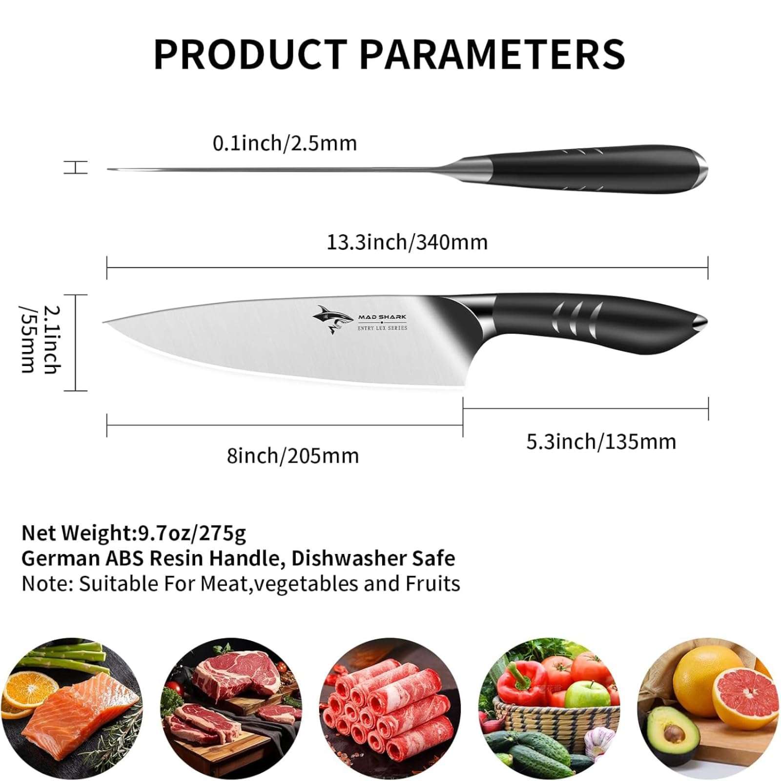 MAD SHARK Chef Knife 8 inch Chopping Knife High Carbon Stainless Steel Shark Chef's Knives with Ergonomic Handle, Cooking Knife with Gift Box, Birthday Gifts for Mom/Dad, Black 3
