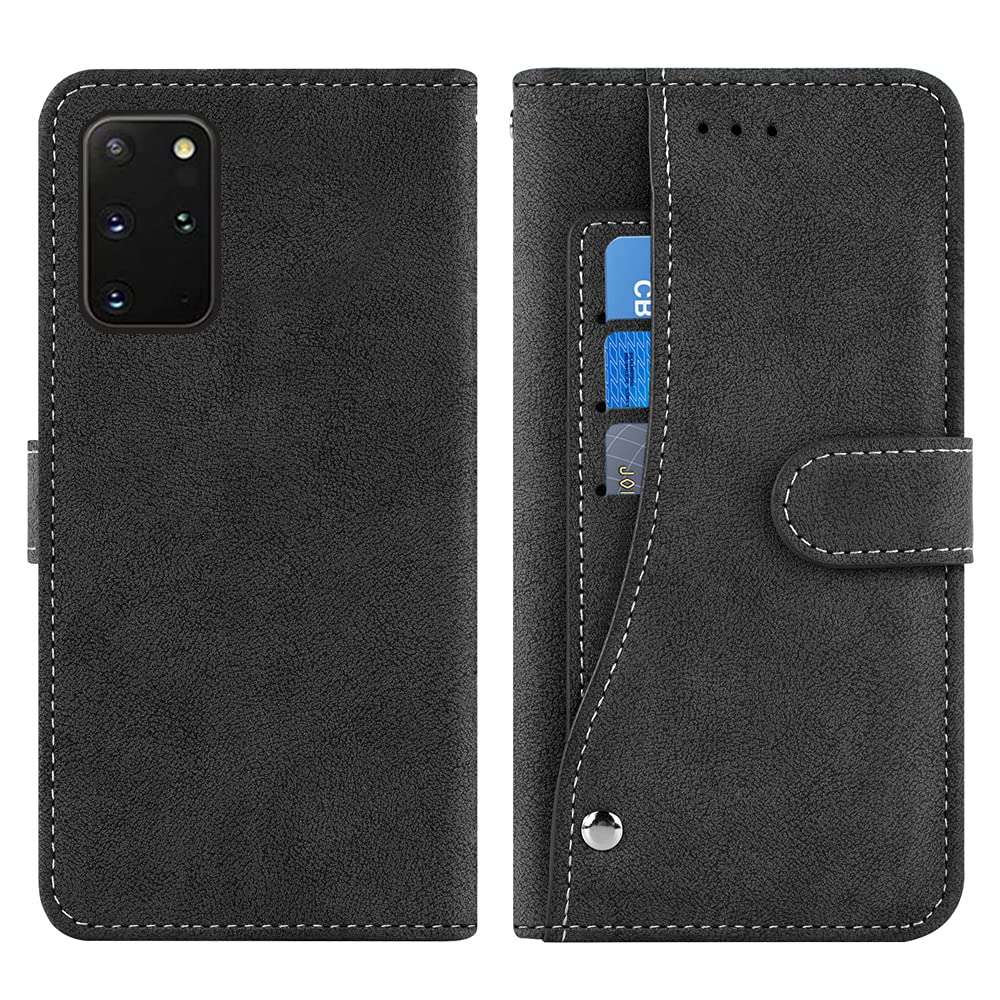 Compatible with Samsung Galaxy S20 Plus Glaxay S20+ 5G Wallet Case and Tempered Glass Screen Protector Flip Cover Credit Card Holder Cell Phone Cases for Gaxaly S20+5G S20plus 20S + S 20 20+ G5 Black 6