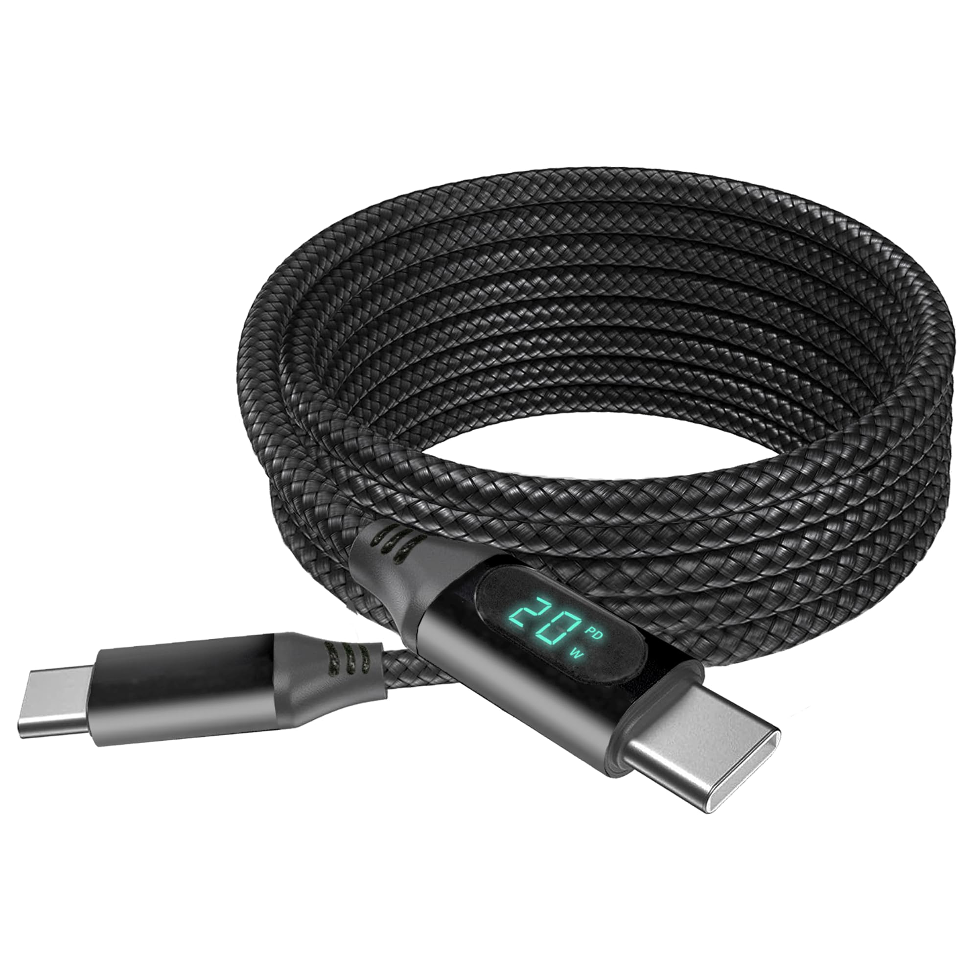 BoxWave Cable Compatible with Bowers & Wilkins Px8 - PowerDisplay PD Cable (6ft) - USB-C to USB-C (100W), LED Wattage Info Extra Long Braided Nylon - Jet Black 3
