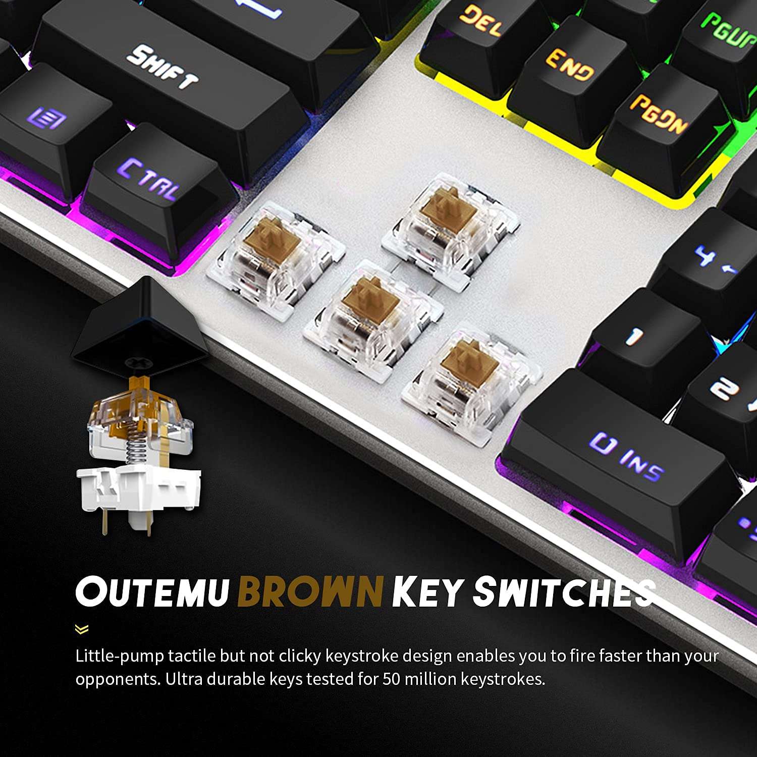 Kitcom NK30 Full Size Mechanical Gaming Keyboard with LED Rainbow Backlit, Anti Ghosting USB Wired Keyboard with Brown Switch Double-Shot Key caps, Ergonomic design, for Windows PC Gamers, 104 Key 2