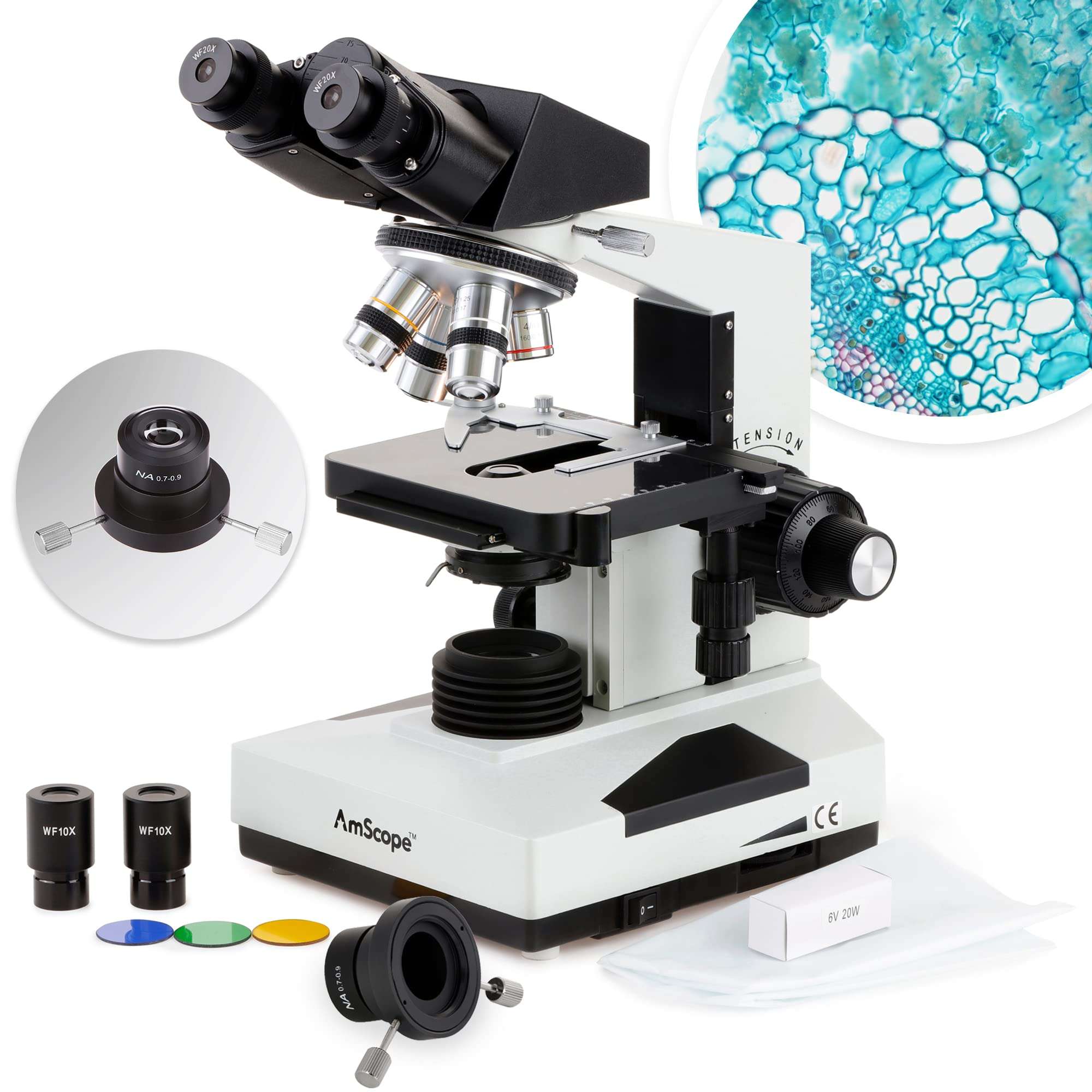 AmScope B490A-DK Compound Binocular Microscope, WF10x and WF16x Eyepieces, 40X-1600X Magnification, Brightfield/Darkfield (BF/DF), Halogen Illumination, Abbe Condenser, Double-Layer Mechanical Stage, Sliding Head, High-Resolution Optics, Anti-Mold 1