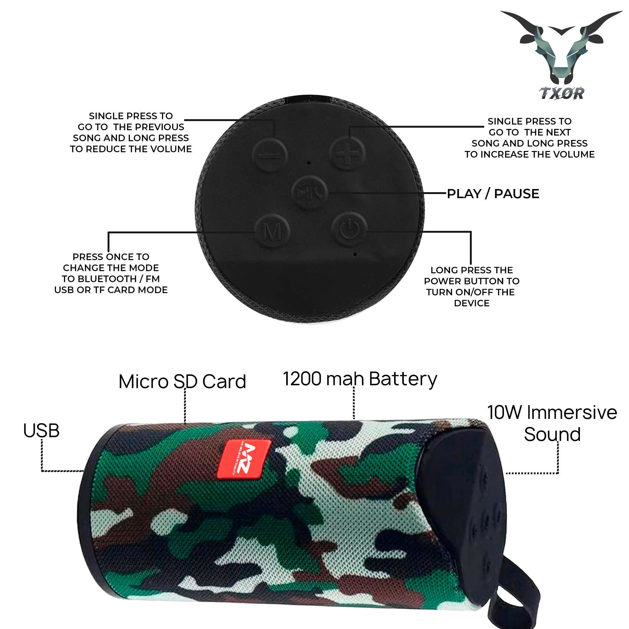 TXOR Stan, 10W IPX5 Bluetooth Speaker with TWS, Dynamic Powerful Bass and 1200 mAh Battery, USB and Memory Card Slot (Camouflage Green) 4