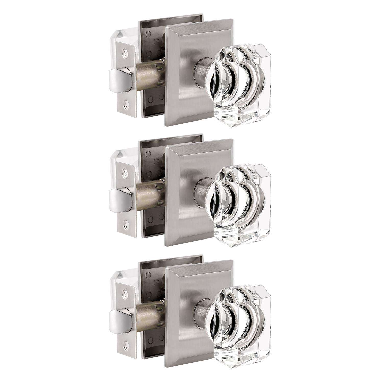 3 Pack Crystal Glass Door Knob Set, Passage Door Knobs for Hall and Closet, Keyless Square Crystal Door Knobs with Satin Nickel Finish, Interior Door Knobs Non-Locking Set, Passage Function 1