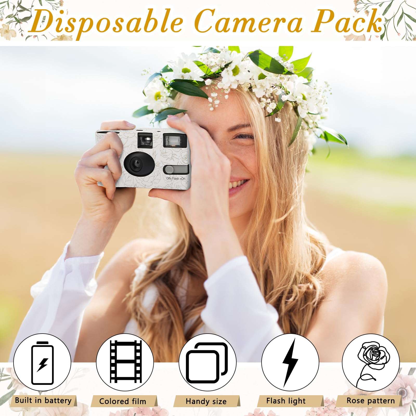 12 Pack Disposable Cameras for Wedding Bulk, 35mm Golden Rose Single-Use Film Cameras with Flash, One Time Cameras for Birthday Party Baby Shower Gathering Wedding, lSO 400 Film,17 Exposures 5