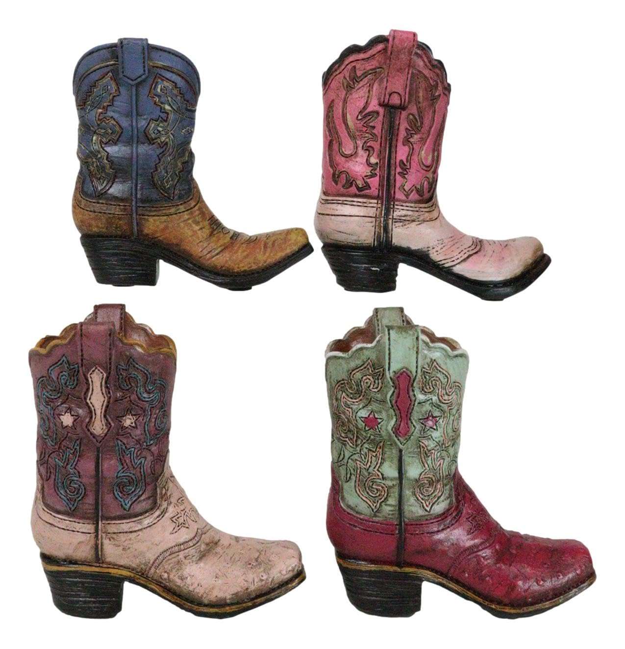 Ebros Gift Pack of 4 Rustic Western Fancy Cowboy Cowgirl Boots in Faux Tooled Patterns Leather Finish Stationery Pen Pencil Make Up Tools Organizer Holder Figurines 3
