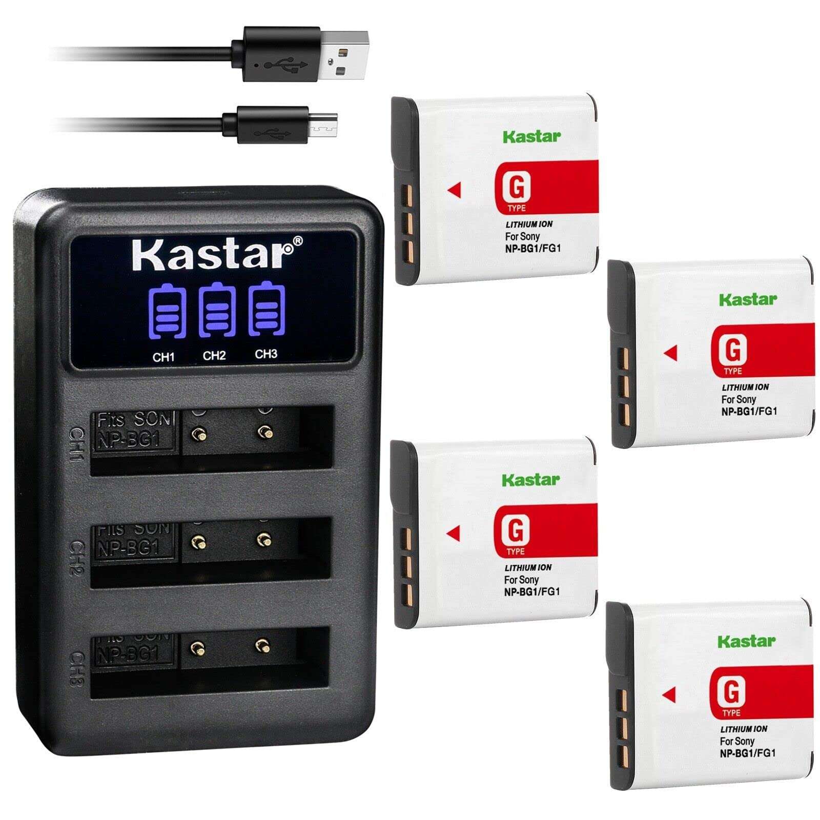Kastar 4 Pack NP-BG1 Battery and LCD Triple USB Charger Compatible with Sony DSC-WX1, DSC-WX10, HDR-GW55, HDR-GW77, DSC-H3, DSC-H7, DSC-H9, DSC-H10, DSC-H20, DSC-H50, DSC-H55, DSC-H70, DSC-H90 Camera