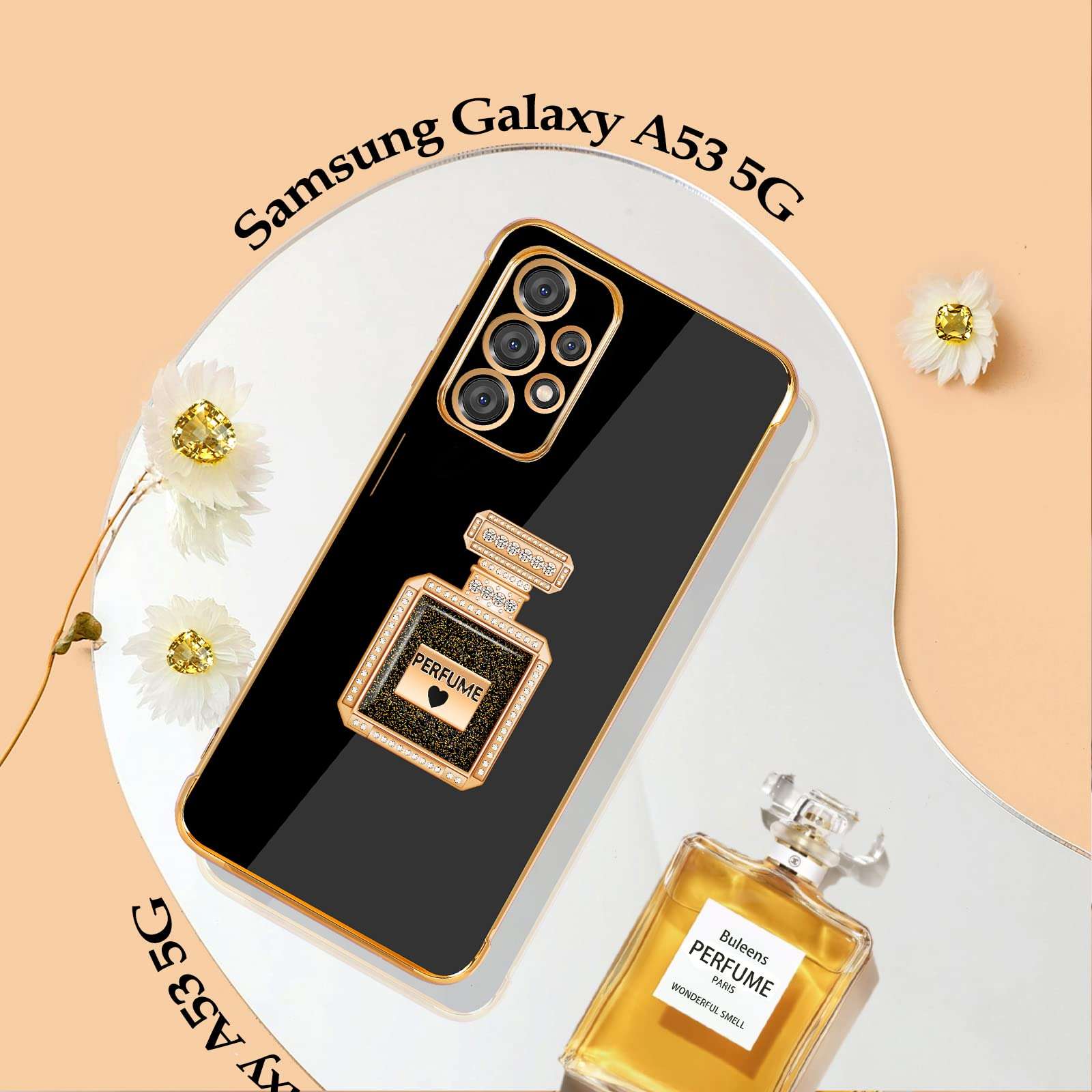 Buleens for Samsung Galaxy A53 5G Case with Cute Metal Perfume Bottle Mirror Stand for Women Girly Heart Cases for Galaxy A53 5G Case, Elegant Luxury Phone Cover for Samsung A53 5G Case 6.5'' Black 3