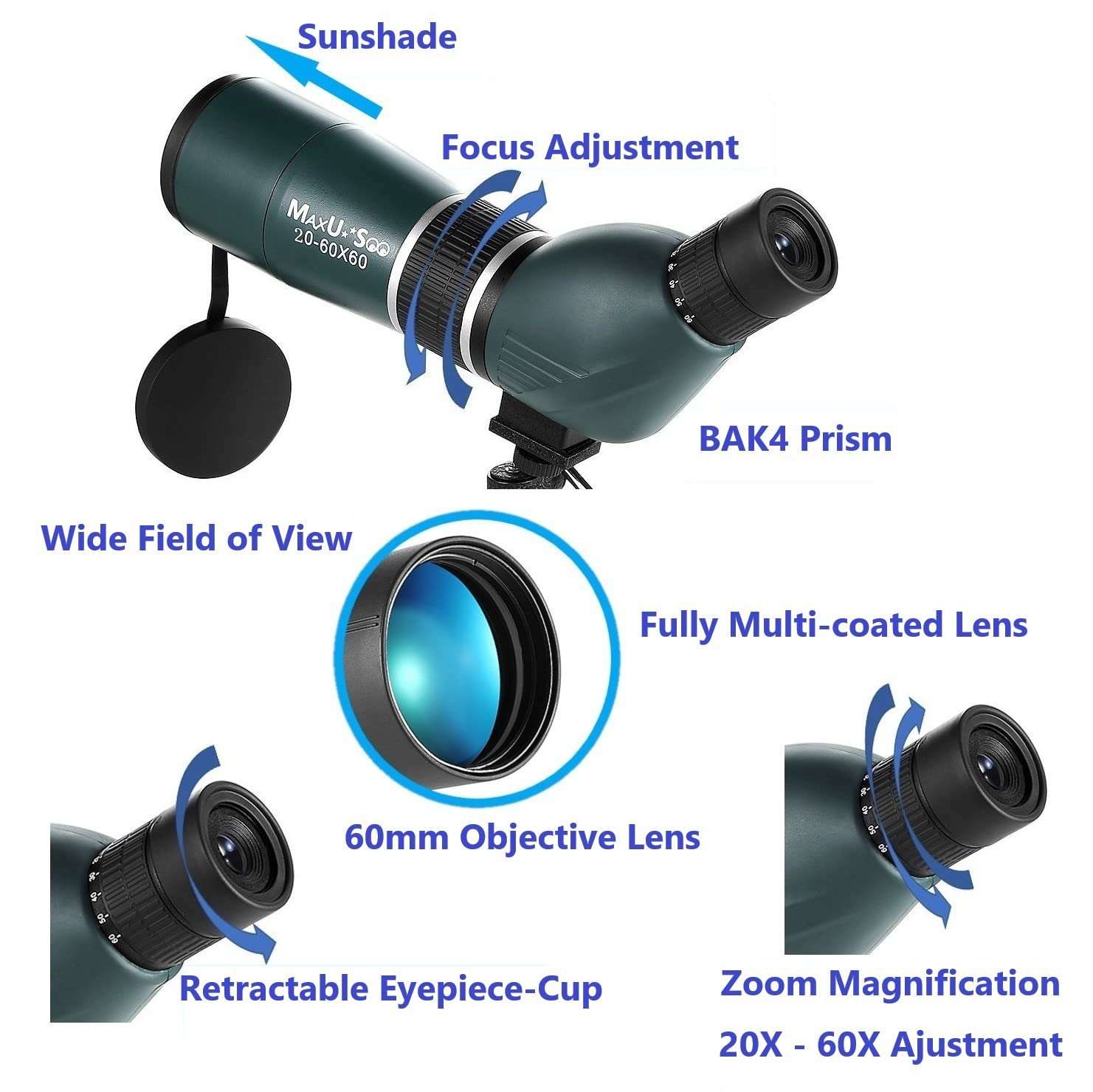 MaxUSee High Definition 20-60x60 Zoom Spotting Scope with Tripod Carry Bag Phone Adapter, BAK4 Prism & FMC Lens Shock-Proof for Bird Watching Wildlife Scenery Moon Viewing 2