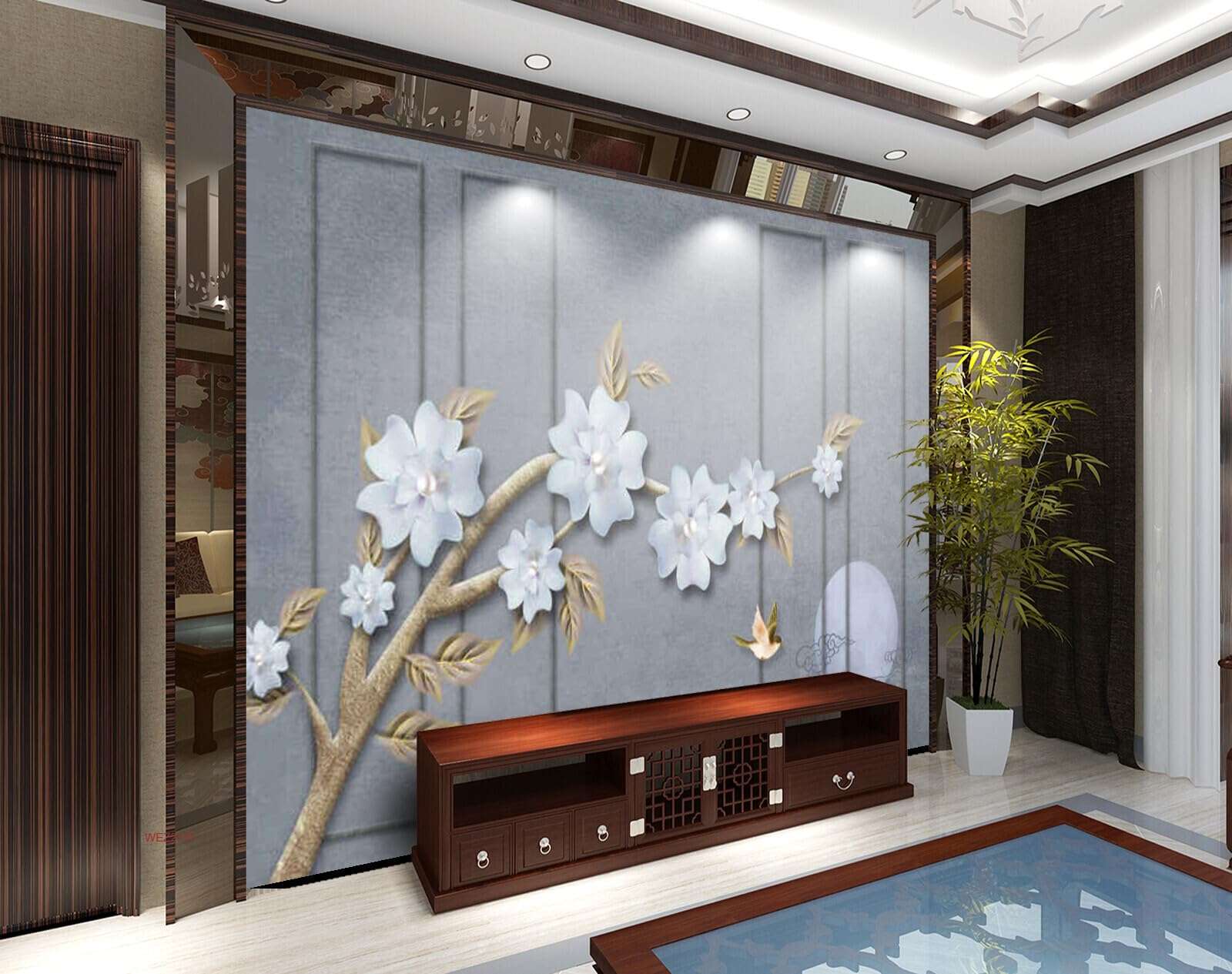 Wall26 - WEZ2111 Beautiful Centre Pearl Centered Flowers Branches Off White Arm Heyday HD 3D Wall Sticker[8 ft x 6 ft] / [244 cm x 183 cm] 5