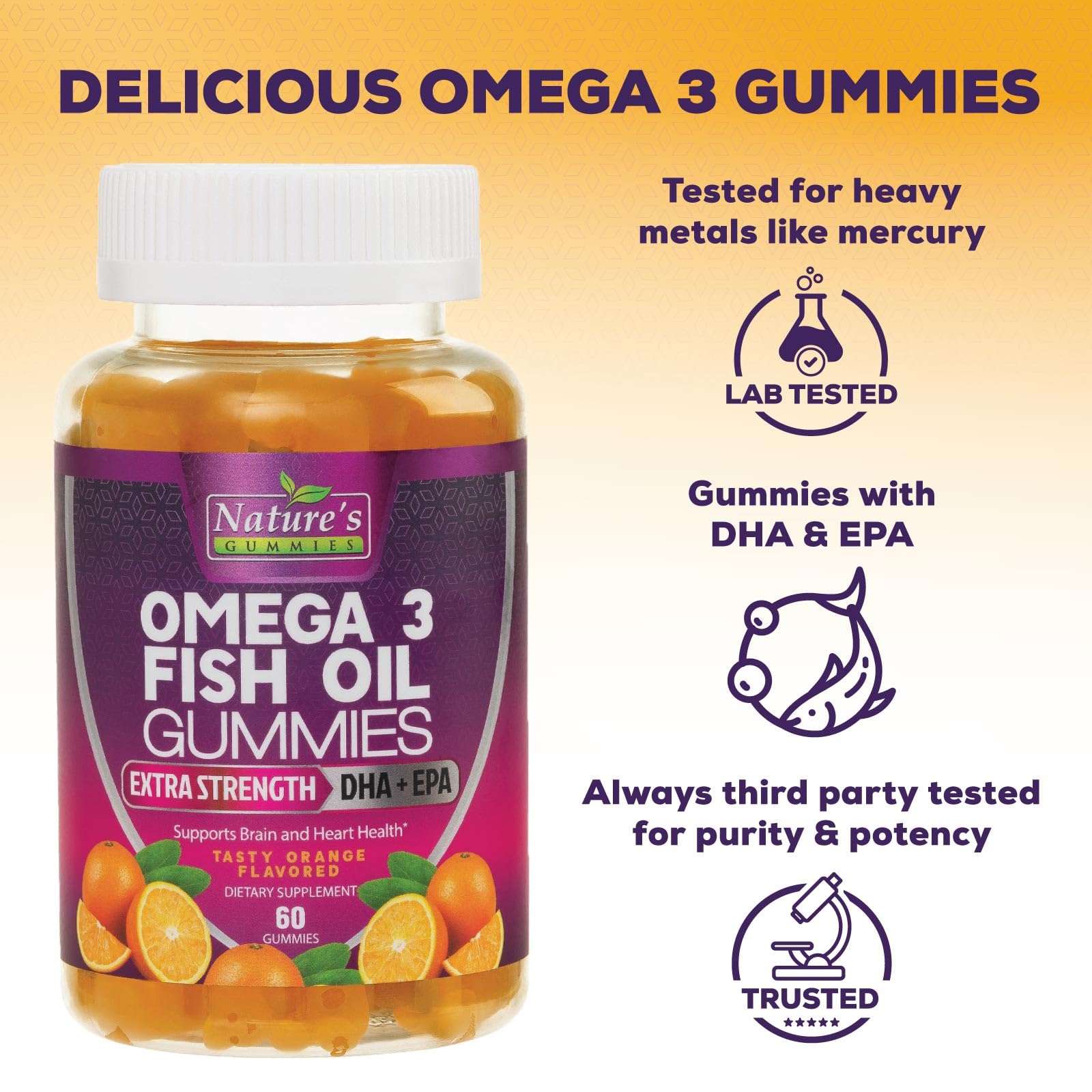 Omega 3 Fish Oil Gummies, Heart Healthy Omega 3 Gummy Supplement with High Absorption DHA & EPA, Extra Strength Joint & Brain Support, Delicious Orange Flavor Fish Oil Nature's Vitamin - 60 Gummies 6