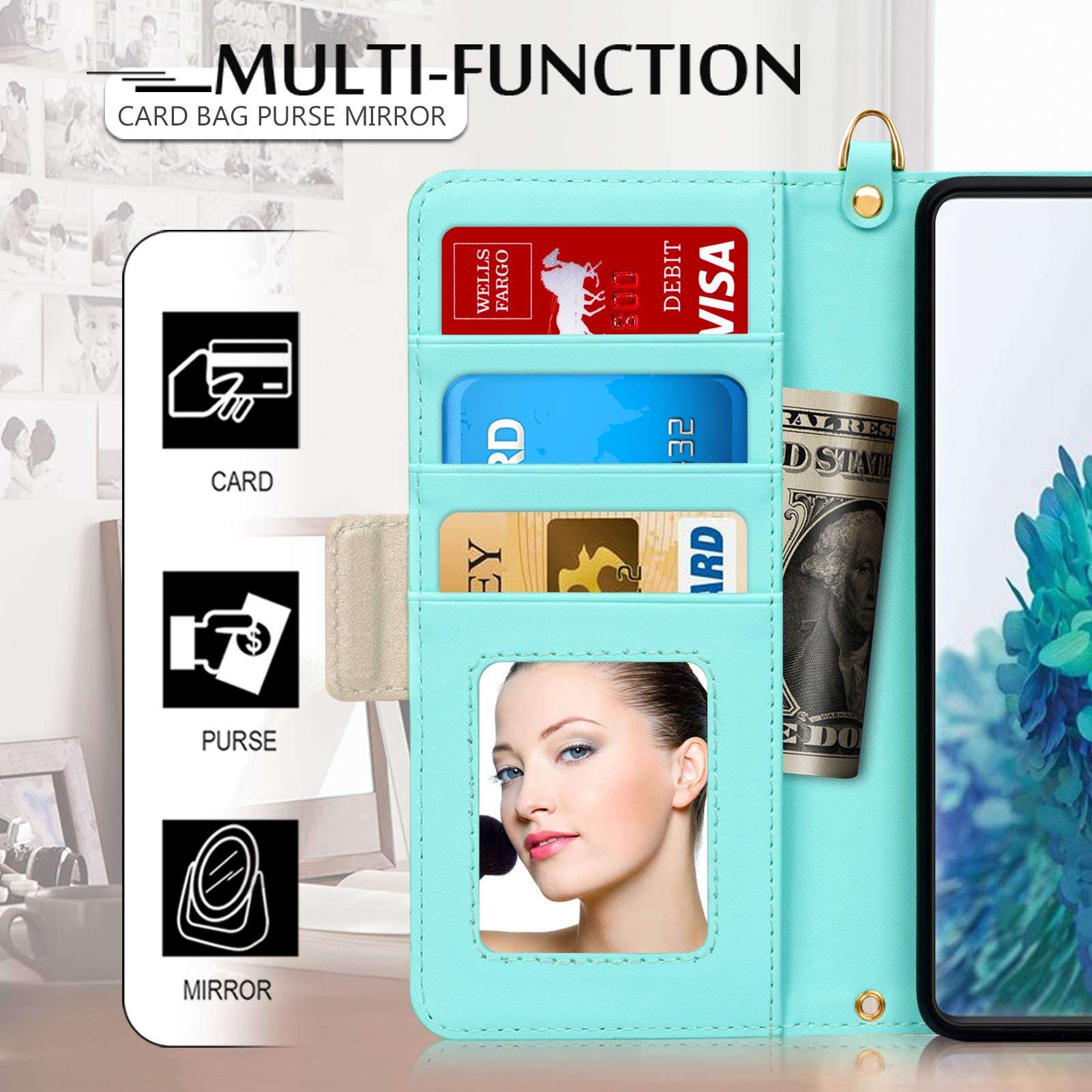 WWW Wallet Case for Samsung Galaxy S20 FE 5G 6.5",[Luxurious Romantic Carved Flower] Leather Wallet Case with [Inside Makeup Mirror] [Card Holder Slots] for Samsung Galaxy S20 FE 5G (2020) Mint Green 5