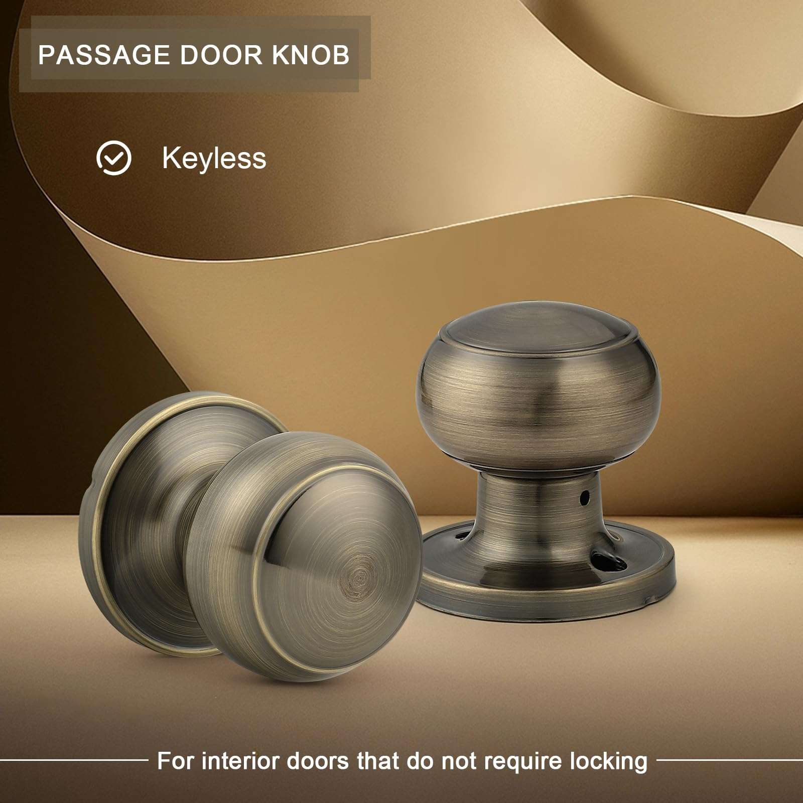 Probrico Round Door Knobs Passage Lock Antique Brass for Closet Hallway Passage Handle Keyless Lockset 6 Pack 2