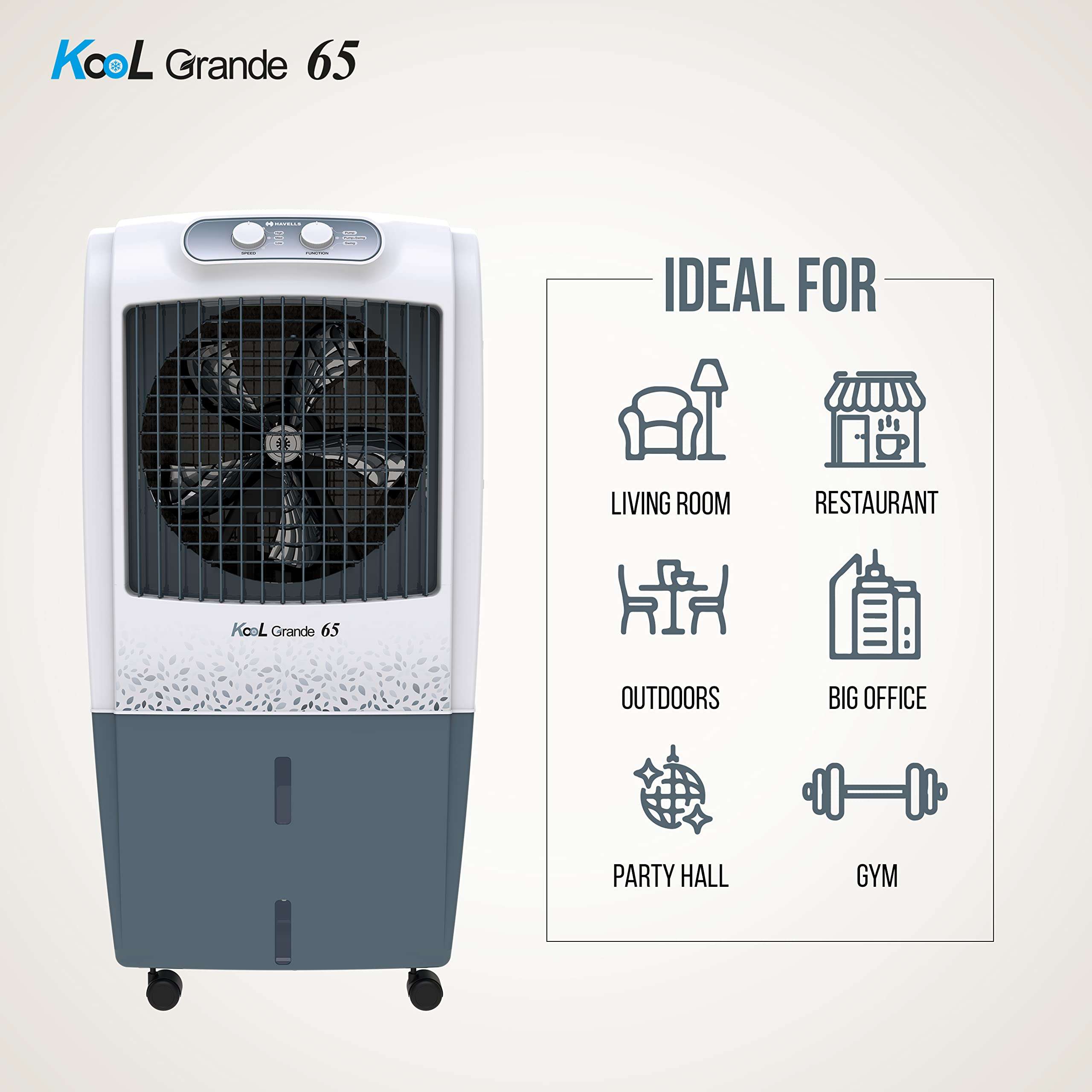 Havells Kool Grande 65L Air Cooler for home | Powerful Air Delivery | Everlast Pump | Ice Chamber, Thermal Overload Protection | 3 Side High Density Honeycomb Pads | Heavy Duty (White/Grey) 2