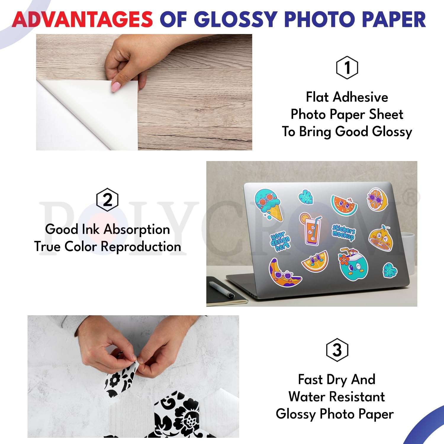 Polycrom Korean Photo Glossy Inkjet Sticker Paper A4 Size - White,Vibrant, Crisp, Smudge Proof, Dry Fast : 120 GSM 50 Sheets 6
