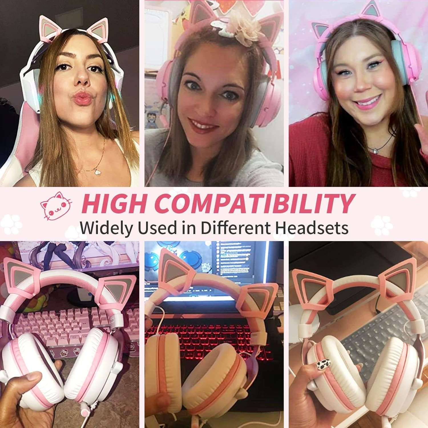 WeThinkeer Cat Ears for Headphones, Pink Cute Headset Cat Ears with Adjustable Straps, Fits Various Headphones, for Gamers, Streamers, and Cosplayers 3