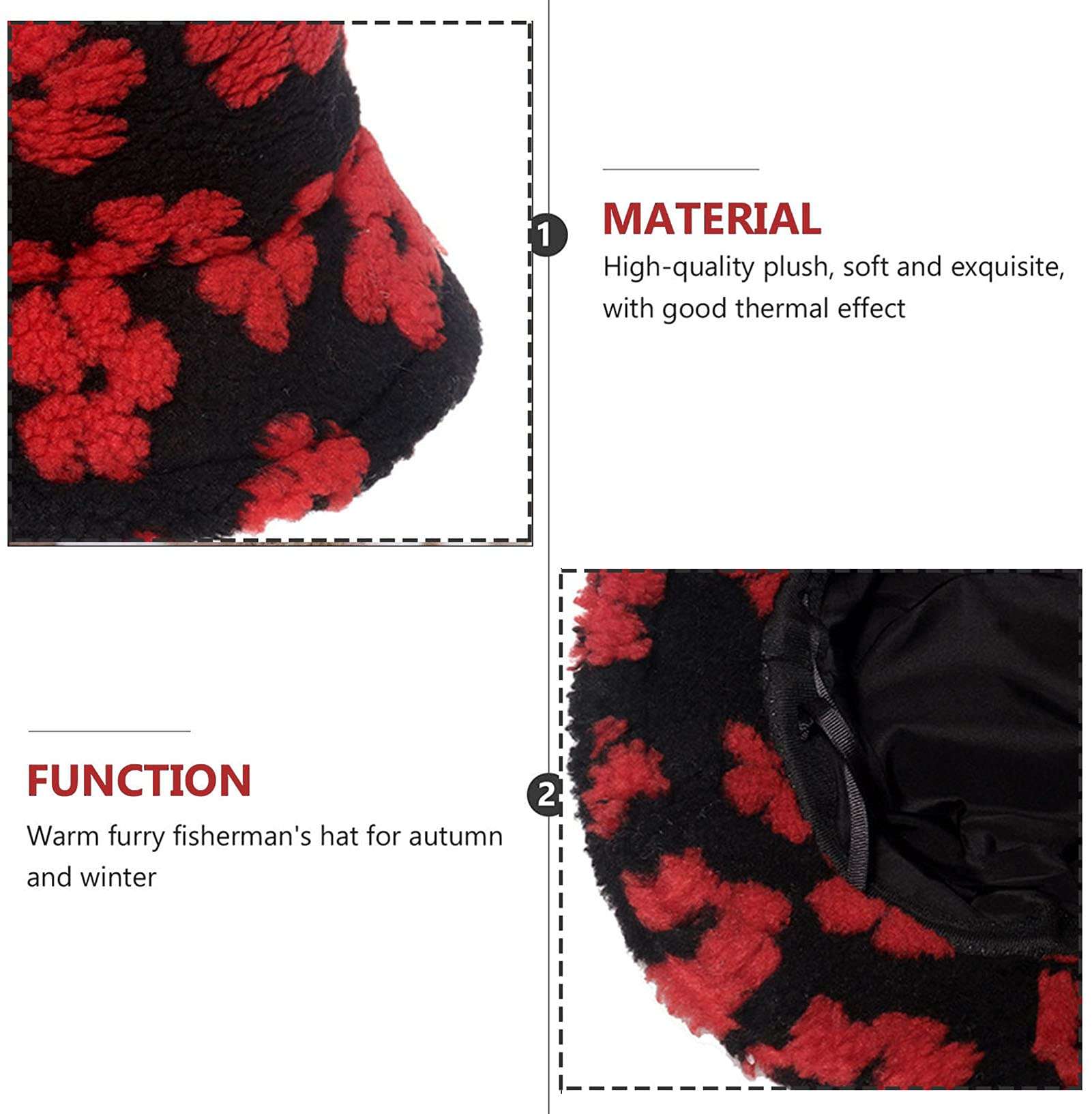 JELLYEA Winter Plush Bucket Hat Flower Pattern Casual Warm Faux Fur Fisherman Cap for Women (Red), One Size 4