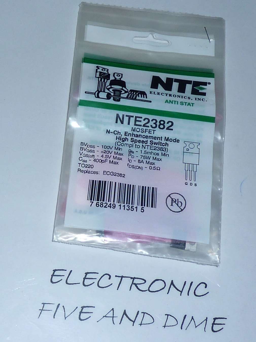 NTE Electronics NTE2382 N-Channel Power MOSFET Transistor, Enhancement Mode, High Speed Switch, TO220 Type Package, 100V, 8 Amp