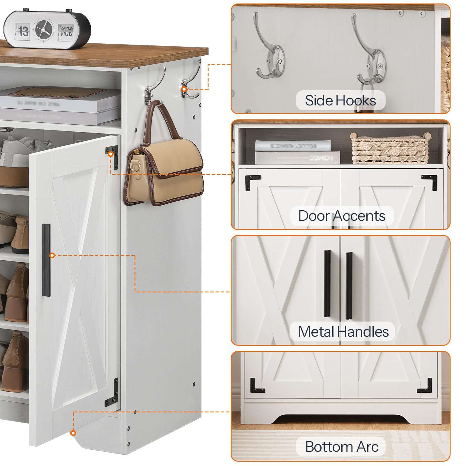 HOOBRO Shoe Cabinet, Farmhouse Shoe Storage Cabinet, Shoe Organizer Cabinet with Hooks and Adjustable Shelves, Shoe Cabinet Storage for Entryway, Living Room, White and Walnut WH16SC01 6