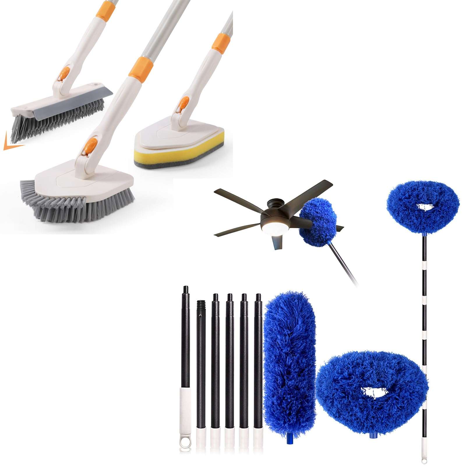 3 in 1 Shower Scrubber Cleaning Brush &Ceiling Fan Cleaner Duster with Extra Long and Thick Extension Pole from 15 to 88 Inches 1