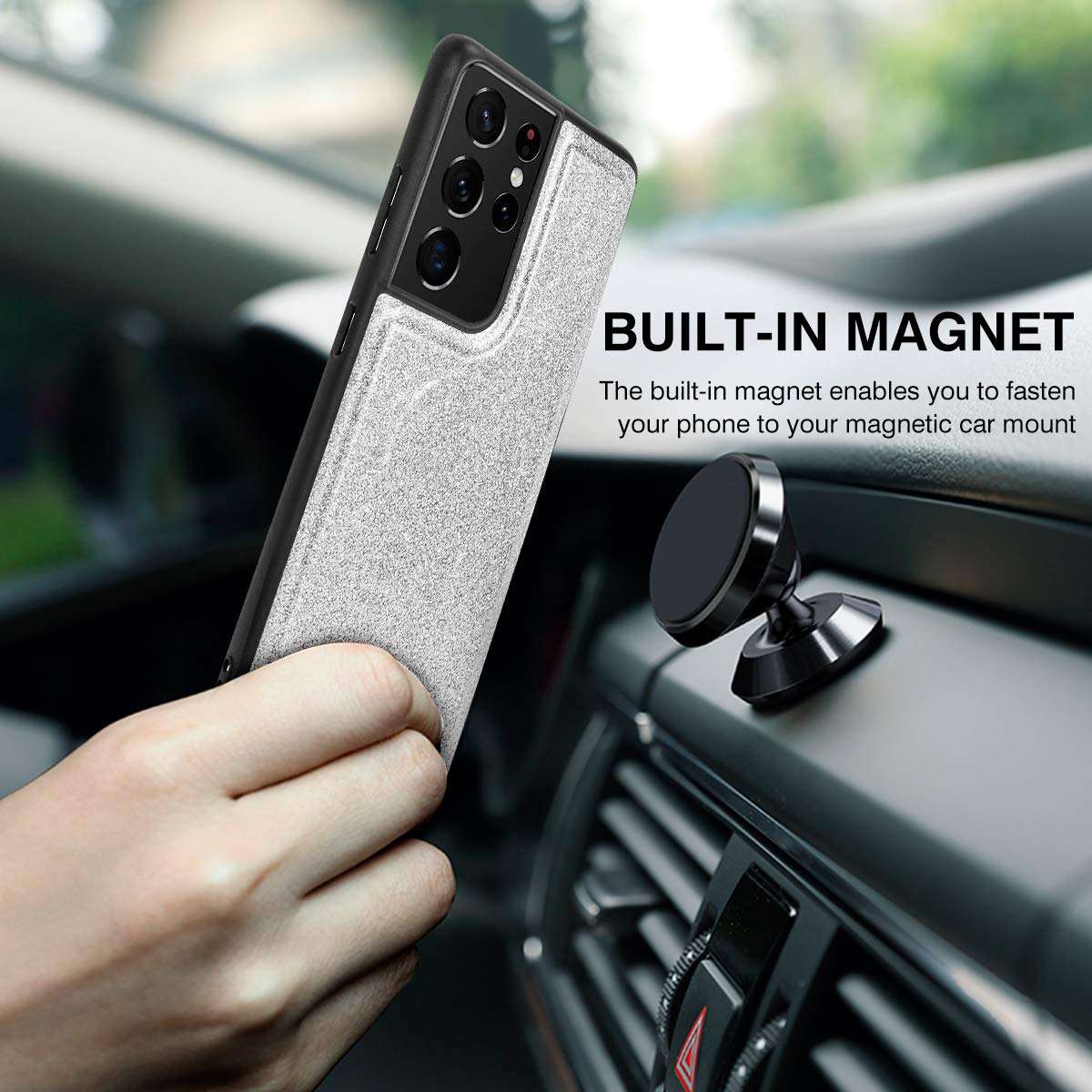 Newseego for Samsung Galaxy S21 Ultra Wallet Case (6.8 Inch),Glitter PU Leather Magnetic Closure Multi-Credit Card Slot Cash Holder Detachable 2 in 1 Wallet Cover with Wrist Strap-Silver 6