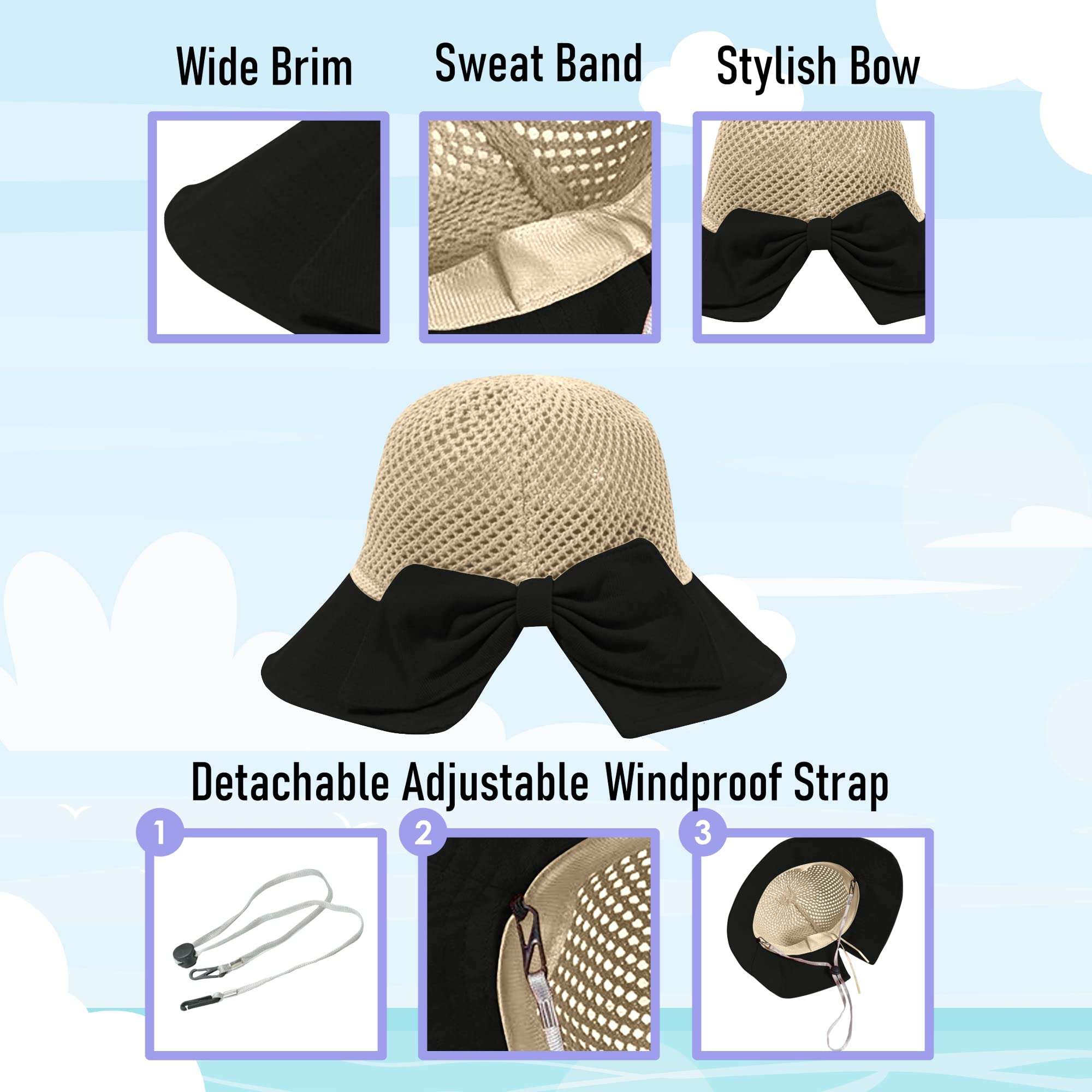 Straw Sun Summer Hat for Women, Female Wide Brim UPF 50+ UV Protection Bowknot Cap, Stylish Braid Visor, Ladies Foldable Roll Up Packable Floppy Beach Hat with Windproof Chin Strap, Black/Beige 5