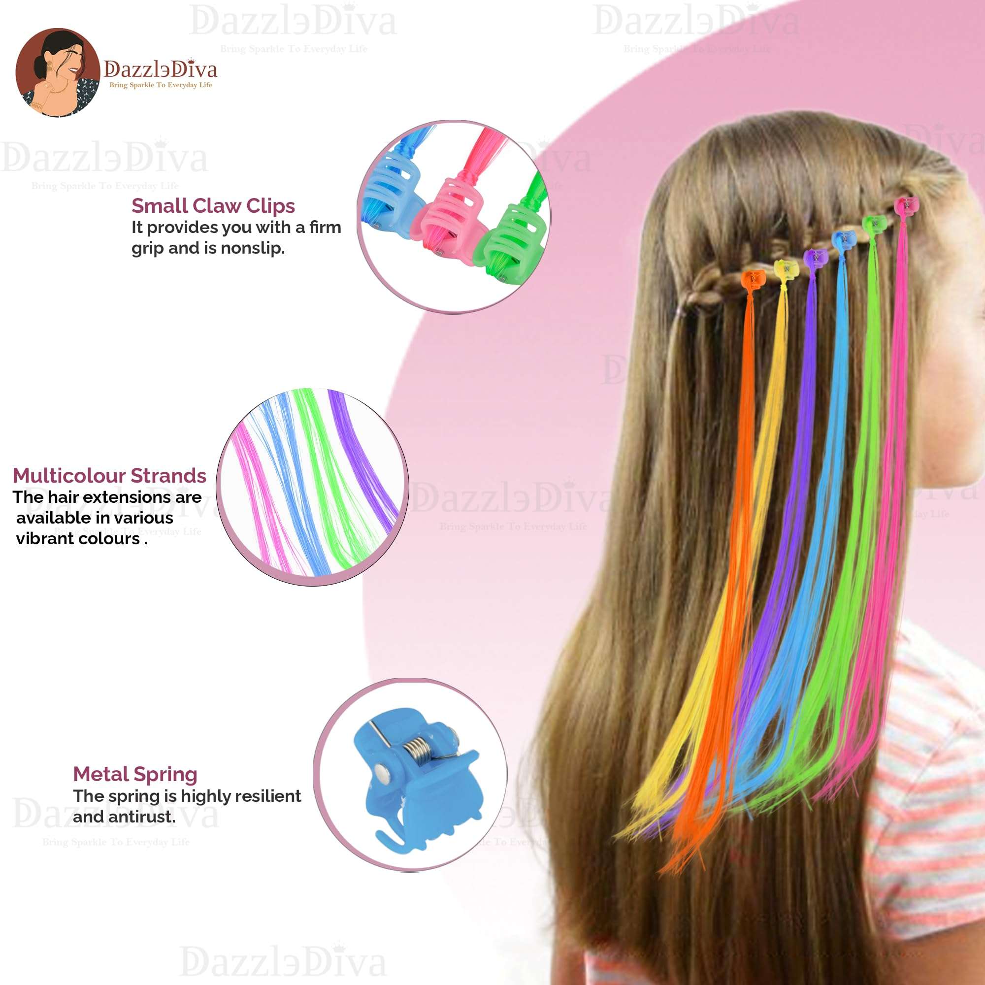 DazzleDiva Hair Highlight Extensions Artificial Hair Strips Colourful Hair Streaks Trendy Hair Streak Coloured Hair Extensions For Kid Hair Clips For Kids Side Hair Extensions 6PCS 4