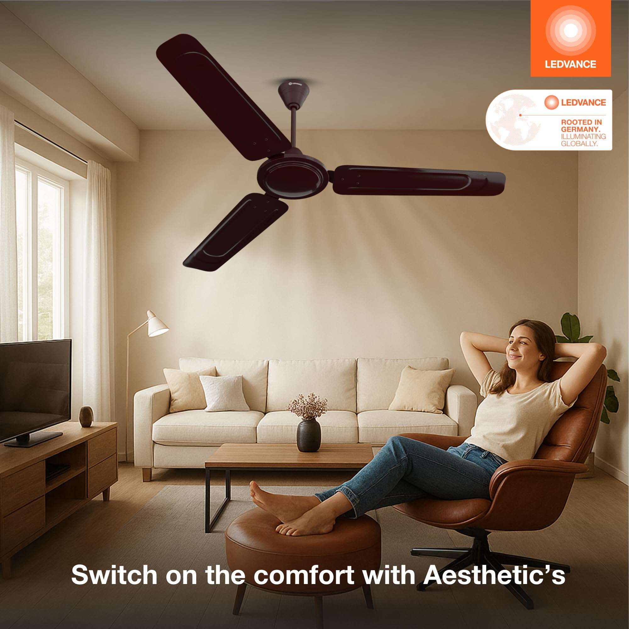 LEDVANCE Windy Ceiling Fan 1200mm | 400 RPM Speed | Low Power Consumption | Higher Air Delivery | BEE Star Rated | Heavy Motor | Suitable for Room, Schools & Offices | 2 Year Warranty - Brown 4