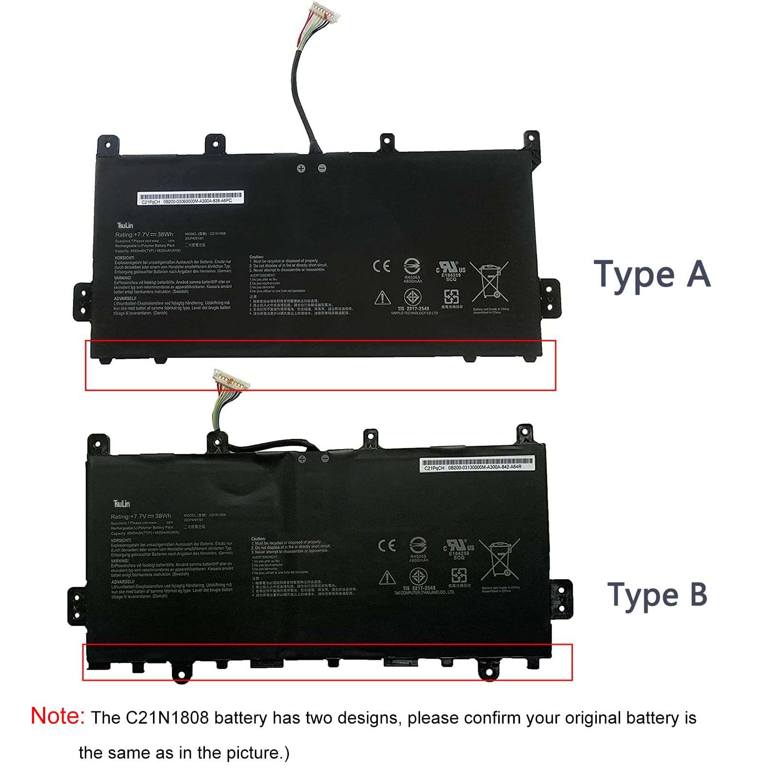 TsuLin C21N1808 38Wh 4940mAh Laptop Battery Compatible with Asus Chromebook C423NA C423NA-BV0001 C423NA-DH02 C423NA-1A C523NA C523NA-A20007 C523NA-1A Series C21PqCH 0B200-03130000 0B200-03060000 7.7V 6