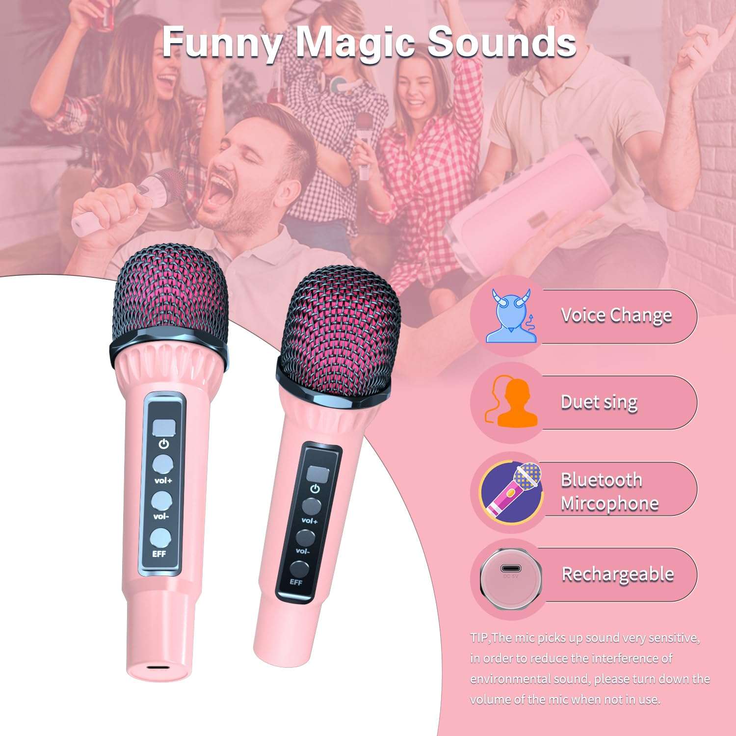 Karaoke Machine for Adult Kids, Portable Bluetooth Speaker with 2 Wireless Microphones, Singing Karaoke Player for Birthday Gift Party Family Supports TWS/Bluetooth/TF/AUX/USB Pink 6