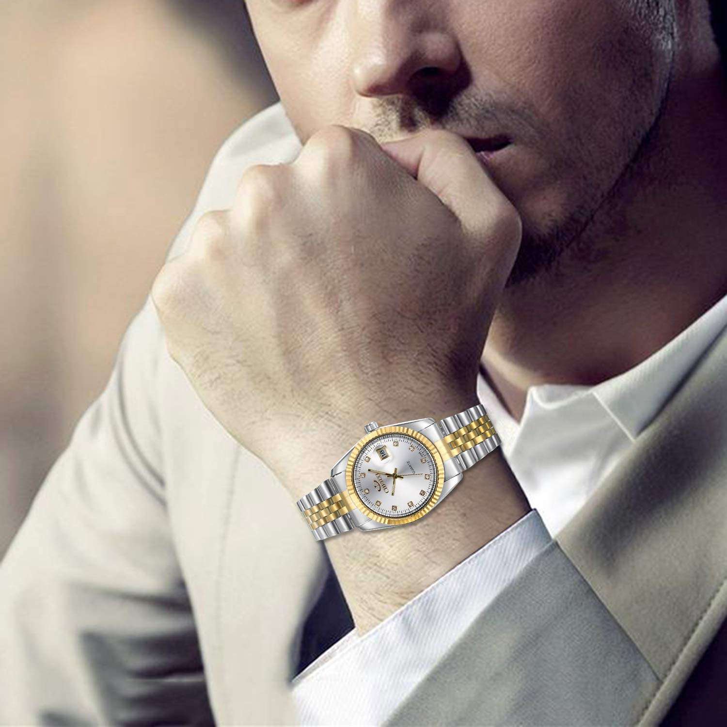 JewelryWe Luxury Couple Watches Gold-Silver Tone Stainless Steel Quartz Calendar Wristwatch Rhinestone His and Her Watch Set 3