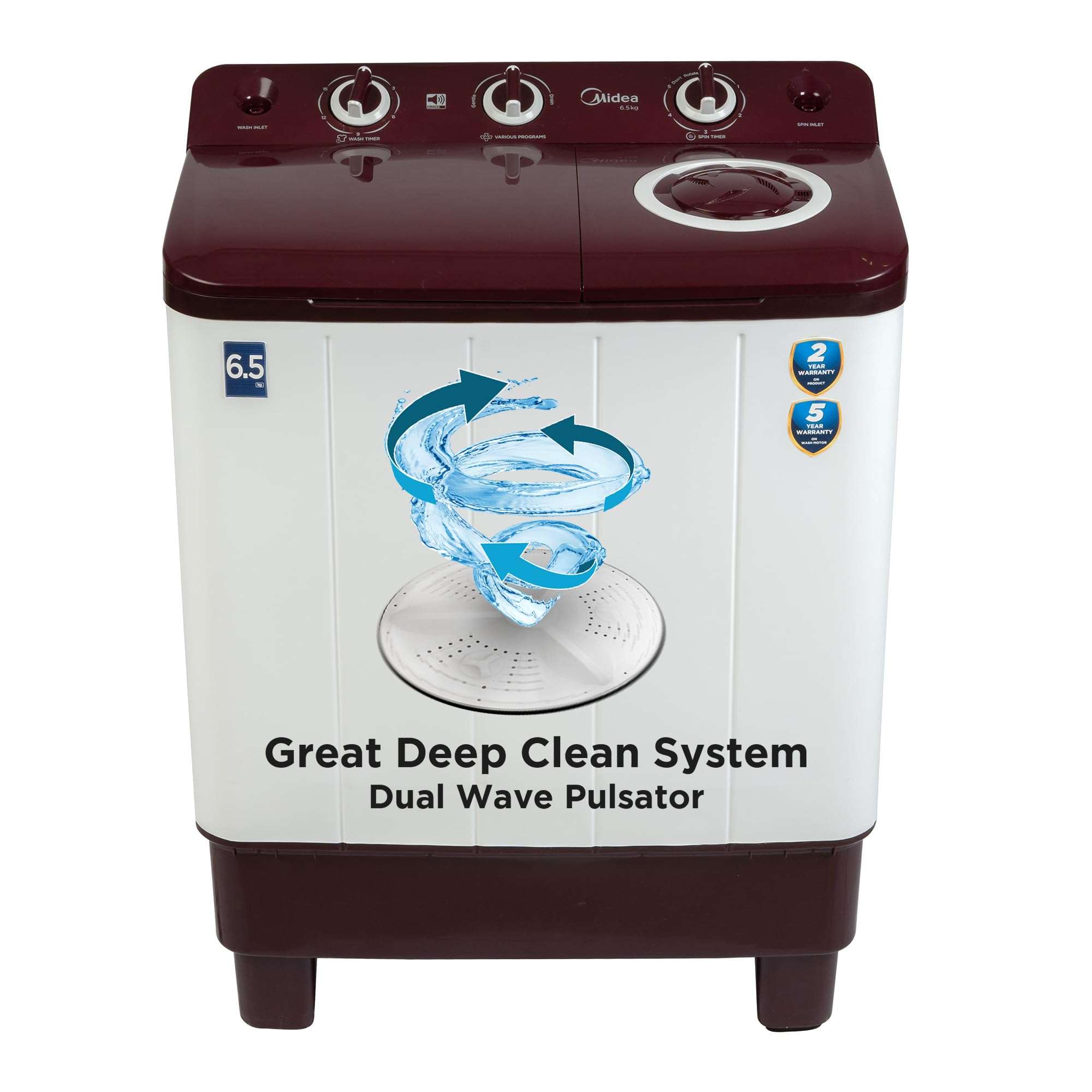 Midea 6.5 KG Semi Automatic Top Loading Washing Machine Appliance, Rust proof Body, Air Dry Function with 1350 RPM (MWMSA065PCH, Maroon White)
