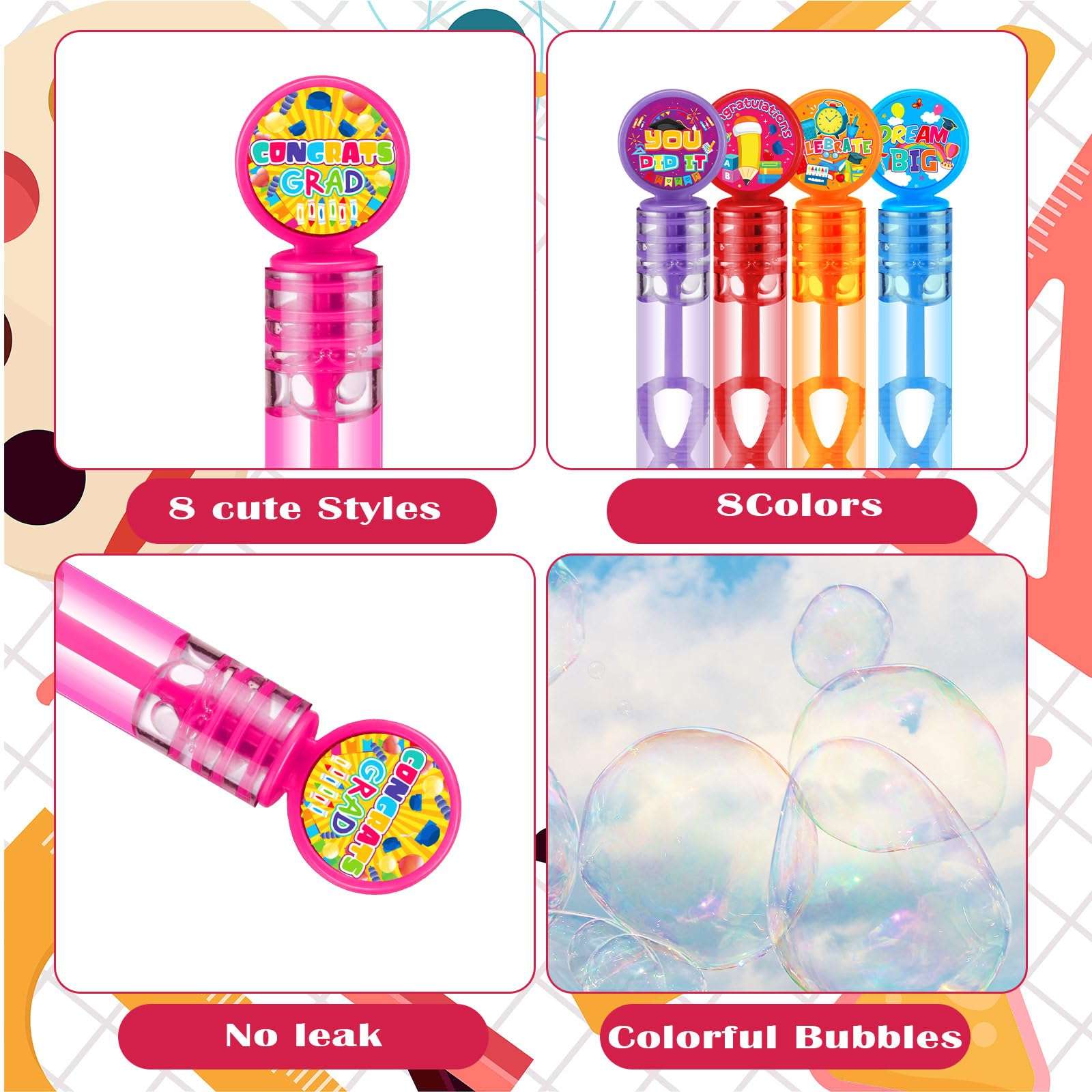 Hollowfly 60 Pcs Graduation Mini Bubble Wands 4 Inch Assorted Graduation Party Favors Class of 2025 Grad Small Bubble Wands for Kids Kindergarten Preschool End of School Year Gifts for Kids Bulk 4
