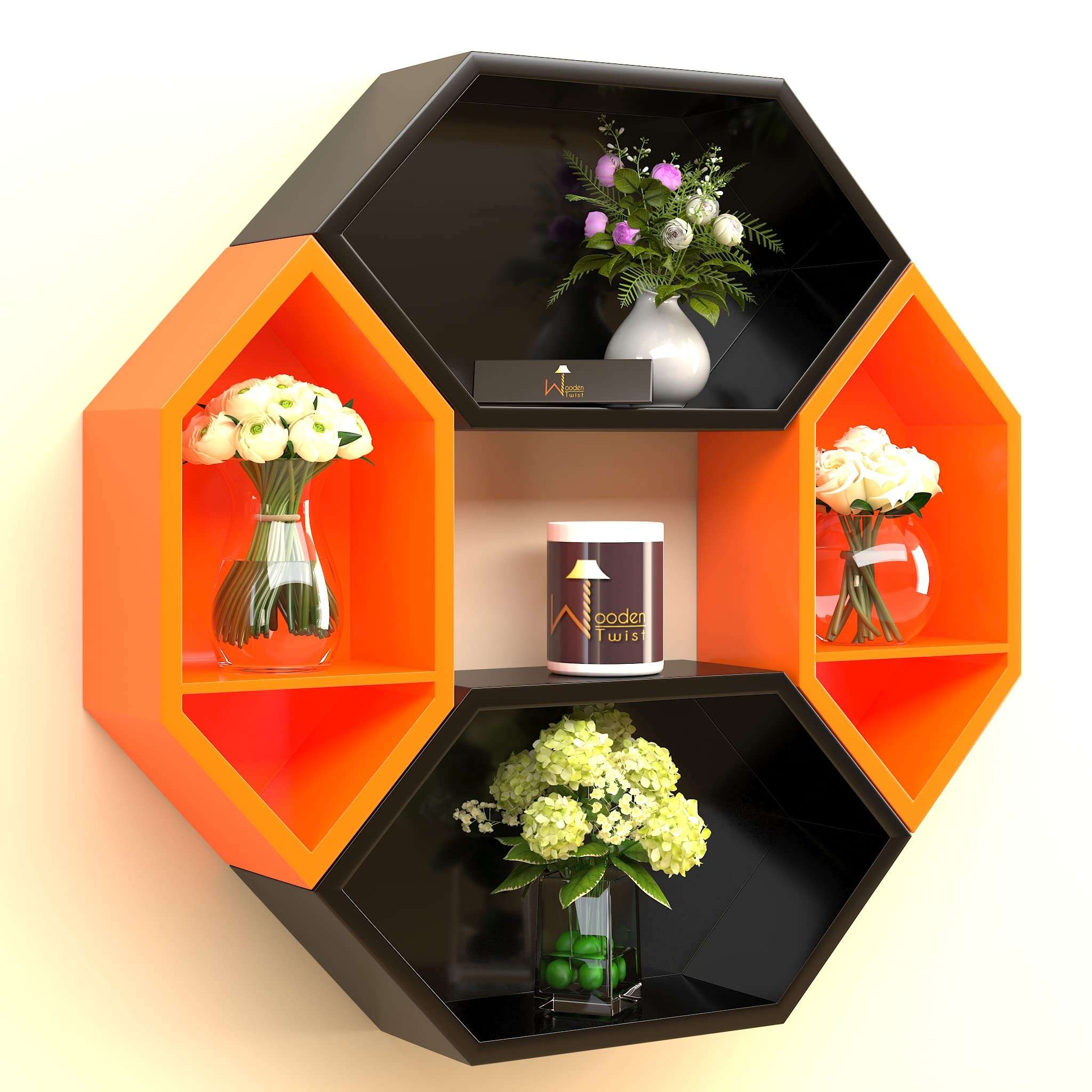 Amazon Brand - Umi Wooden Pared Pentagon Floating Wall Shelf with 4 Shelves (Black & Orange) 1