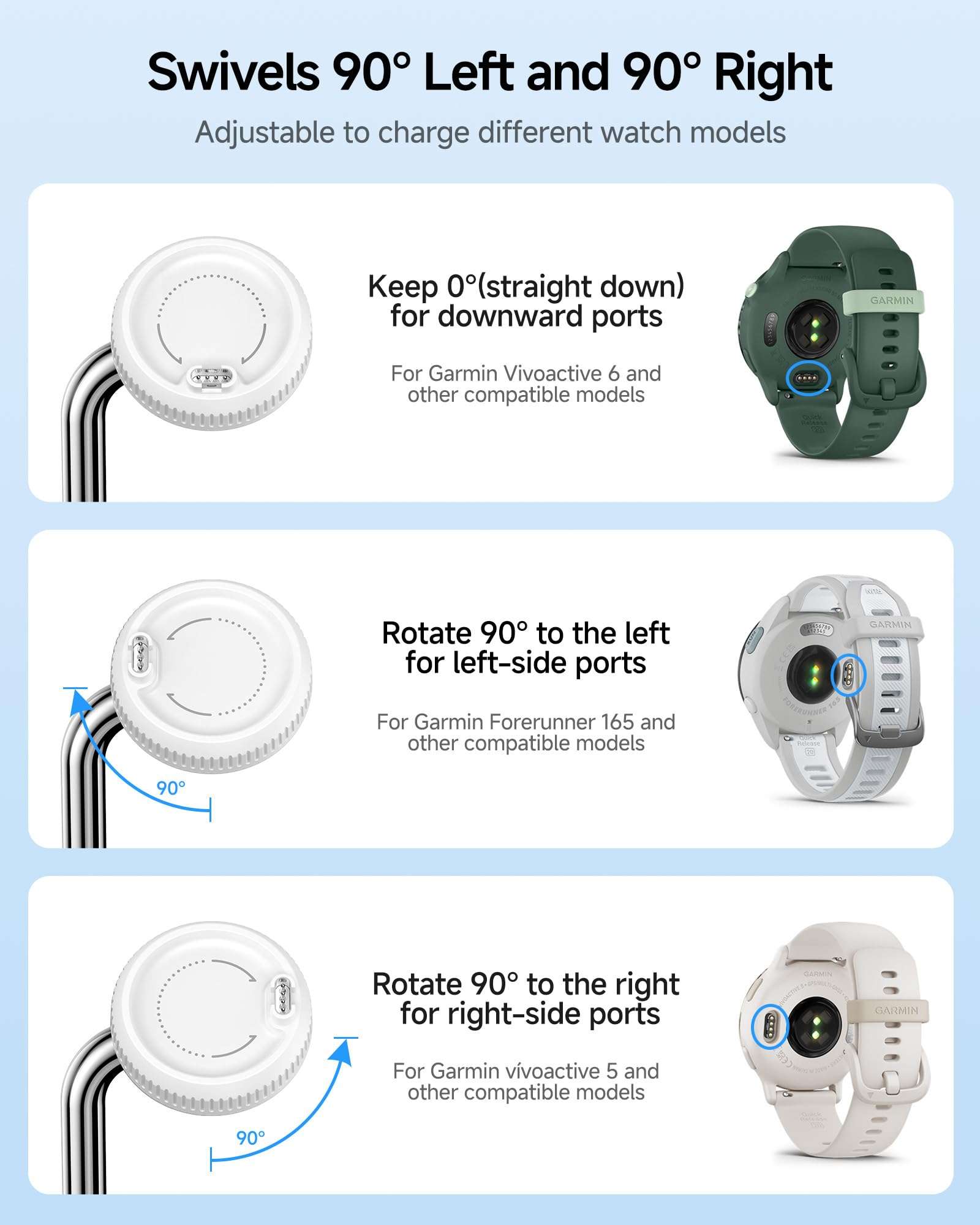 SwanScout Watch Charger Stand for Garmin Watch Forerunner 165/265/45, Vivoactive 6/5, Instinct 3/2, Tactix, Approach, Quatix Series and for Multiple Garmin Watch Devices, SwanScout 505GM (White) 3
