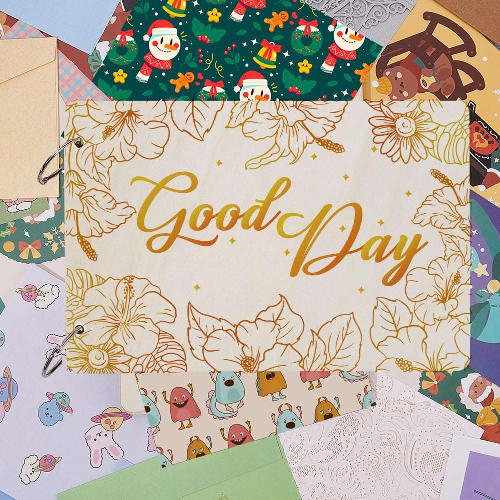 SUPERDANT Wooden Card Keeper Binder Good Day Greeting Card Organizer Flowers Postcard Photo Album Cover Hibiscus Flowers Birthday Cards Keeper Book Holder Organizer Wedding Holiday Keepsake Gifts 6