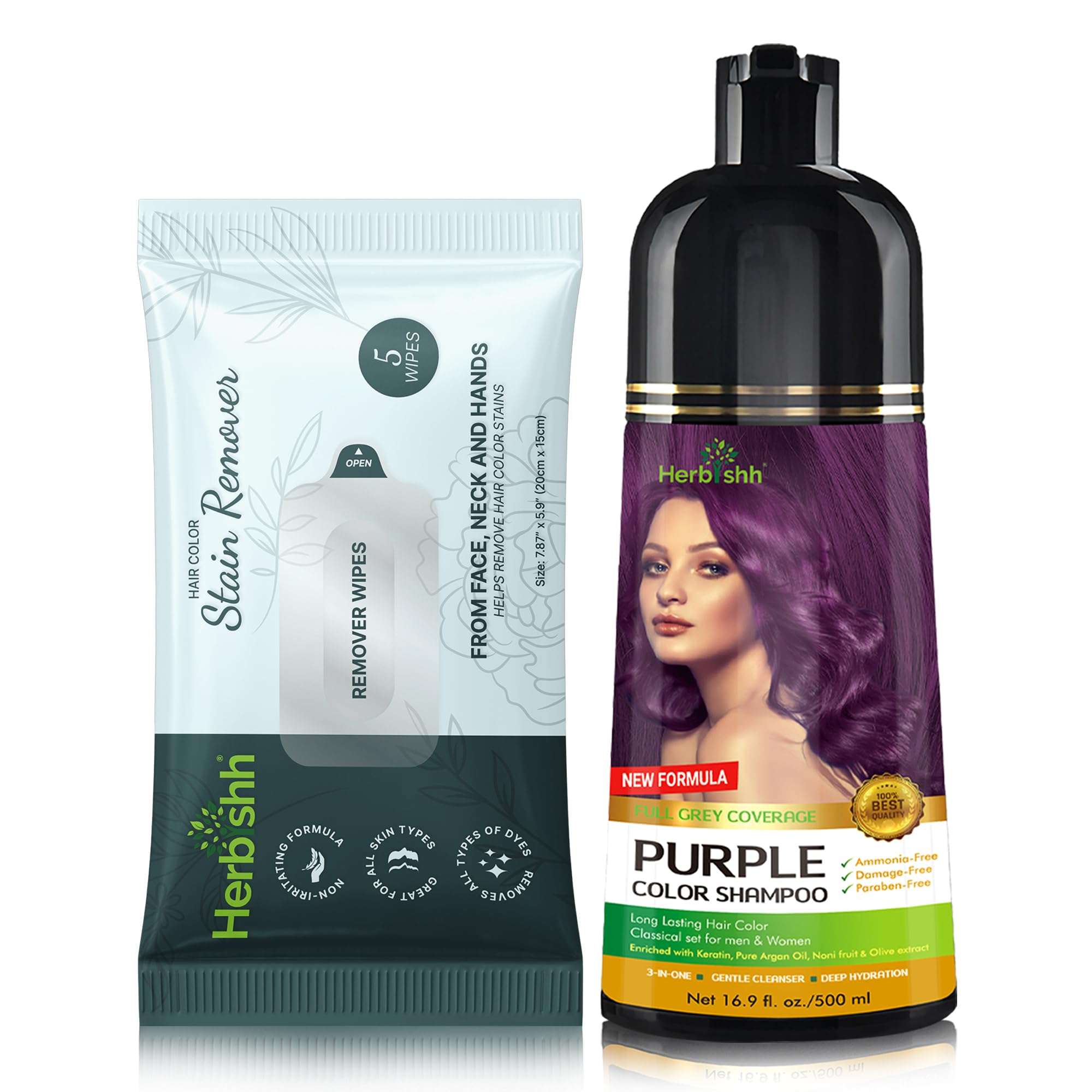 Herbishh Hair Color Shampoo for Gray Hair Purple 500 ML + Hair Color Stain Remover Wipes - Travel Pack With 5 Wipes 1