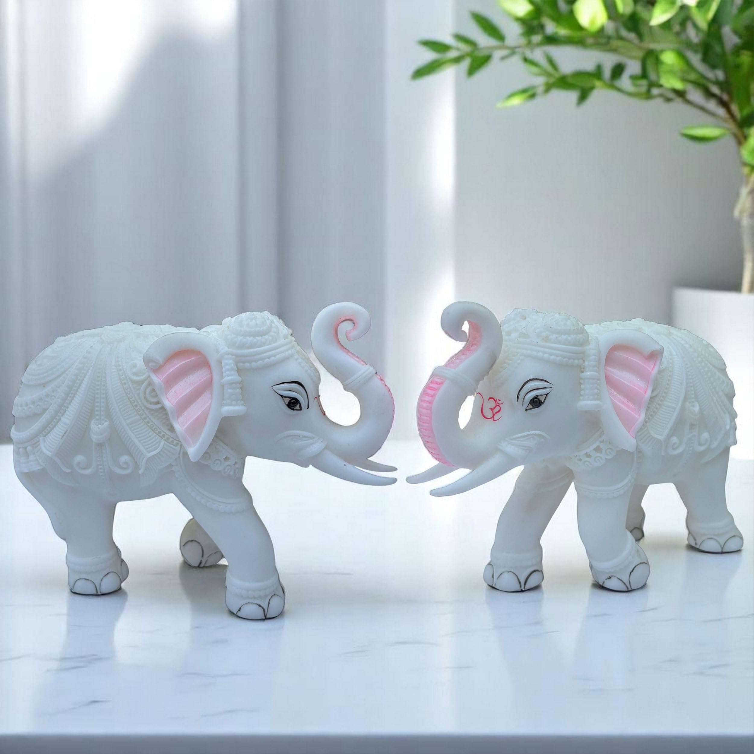 KRAFTSKALA White Marble Elephant Statue Pair (2x3 Inches), Trunk Up Decorative Elephant Figurine for Home Entrance, Living Room & Office, Vastu Feng Shui Diwali, Prosperity Gift 1