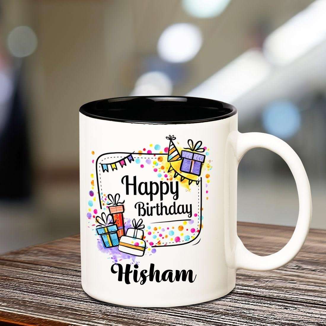 Huppme Happy Birthday Hisham Inner Black Coffee Name Mug 1