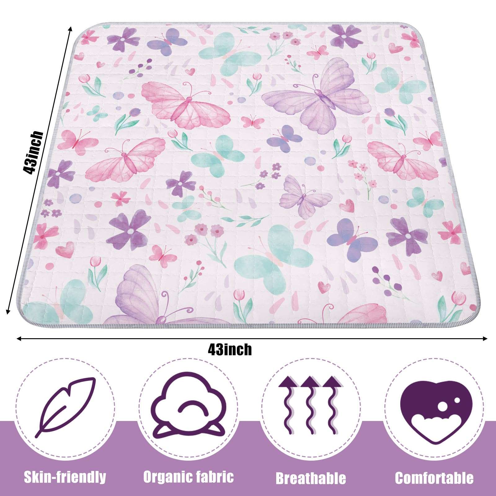 Funtery 43 x 43 Inch Boho Baby Play Mat Portable Crawling Washable Foldable Tummy Time Non Slip Baby Floor Large Playpen Mat for Infants Toddlers Floor Playpen Activity(Butterfly) 5