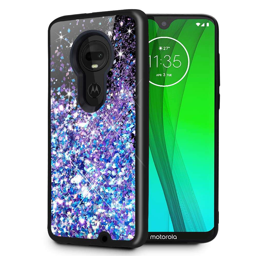 Caka Moto G7 Case, Moto G7 Glitter Case Starry Night Series Luxury Fashion Bling Flowing Liquid Floating Sparkle Glitter Girly Soft TPU Case for Moto G7 (Blue Purple) 1