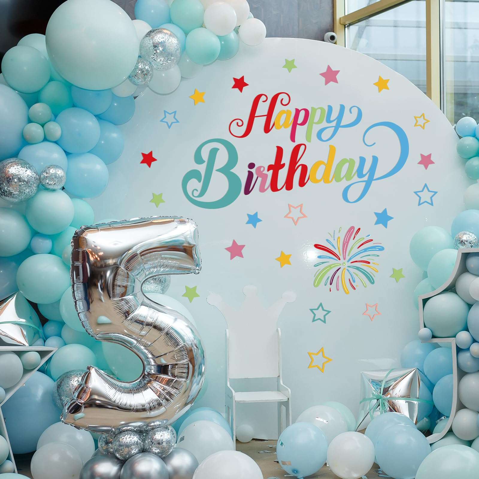 Memorywuu Happy Birthday Sign for Arch Backdrop with Fireworks and Star Happy Birthday Party Vinyl Decal Large Happy Birthday Backdrop Sticker for Balloon Arch Wall Decor (Rainbow Color) 6