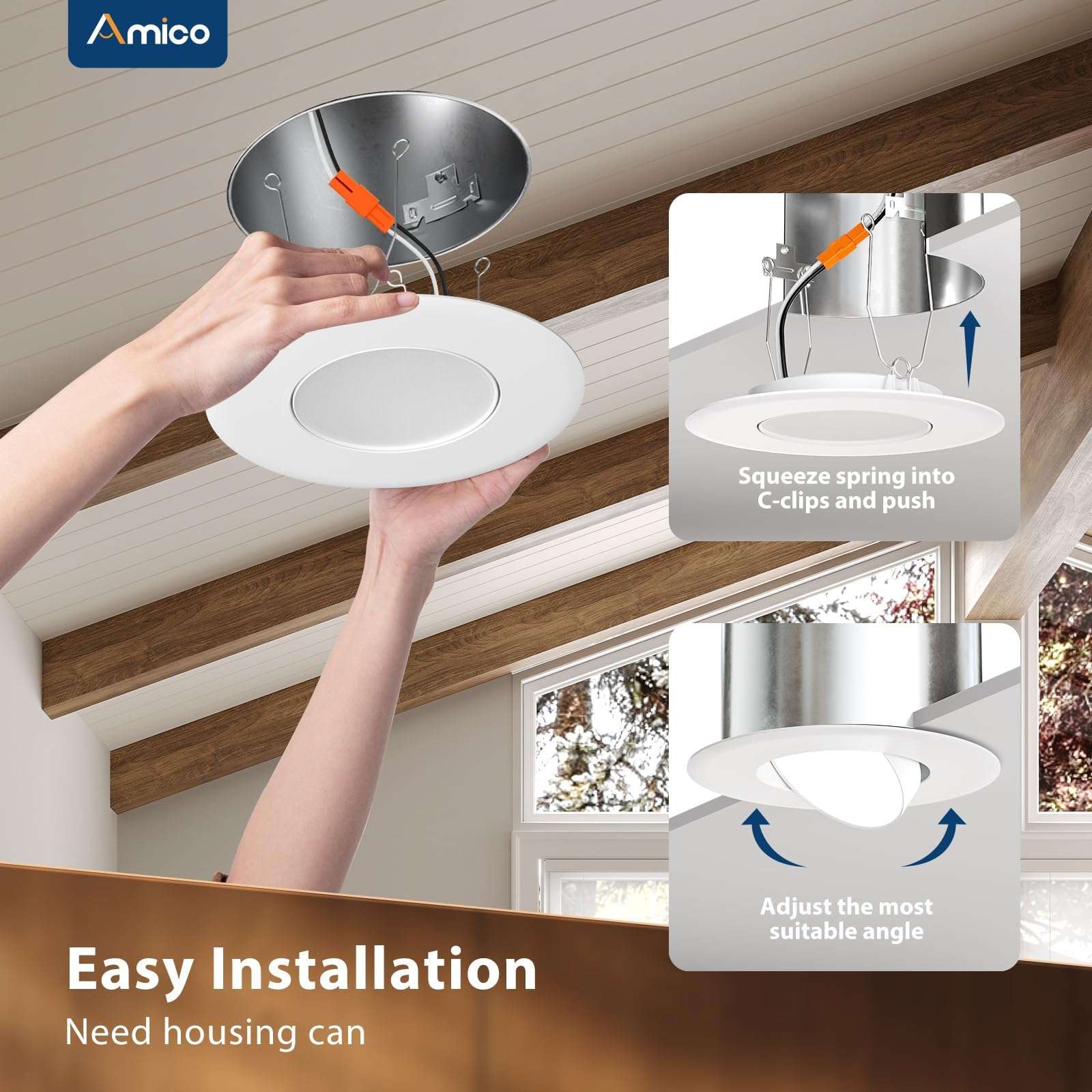 Amico 4 Pack 6 Inch Retrofit Eyeball Gimbal Can Lights, Adjustable Eyeball Directional 5CCT LED Recessed Lights, Dimmable, 2700K/3000K/3500K/4000K/5000K Selectable, 7W 650LM, ETL&FCC 6