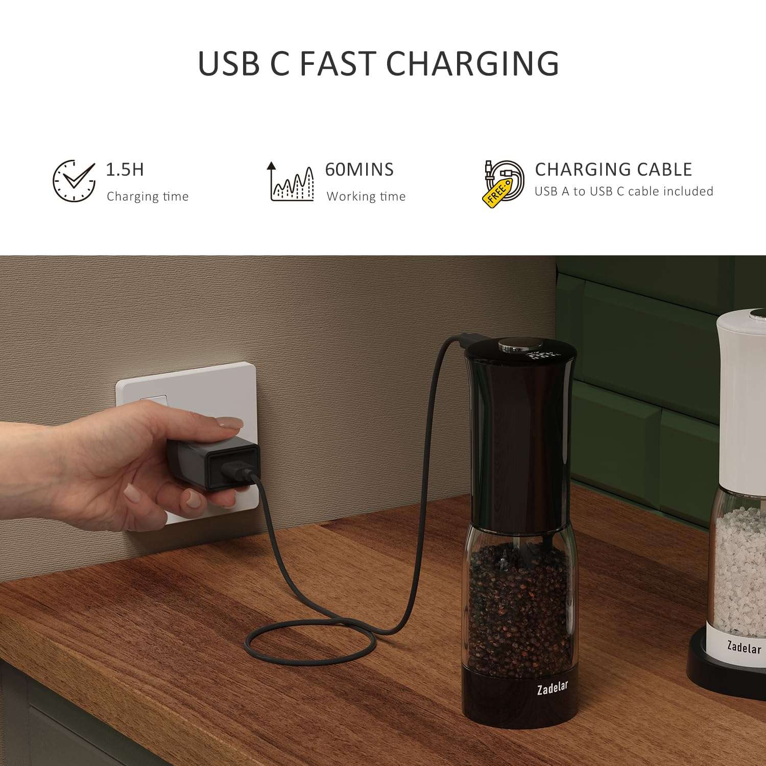 Salt and Pepper Grinder Set with LED Power Display Larger Capacity Salt and Pepper Shakers Set Rechargeable Electric with Flexible Coarsenes LED Light One Hand Operation for Kitchen(White+Black) 4