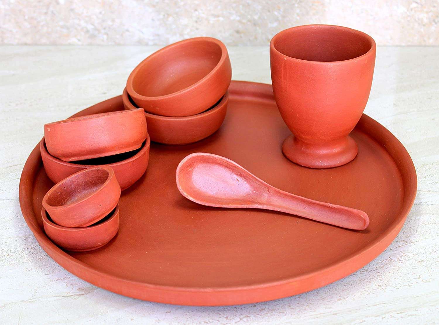 THE HIMALAYA CRAFT Clay Dinner Set with Serving, Spoon, Bowls and Glass Diner Set Pack of 9 4