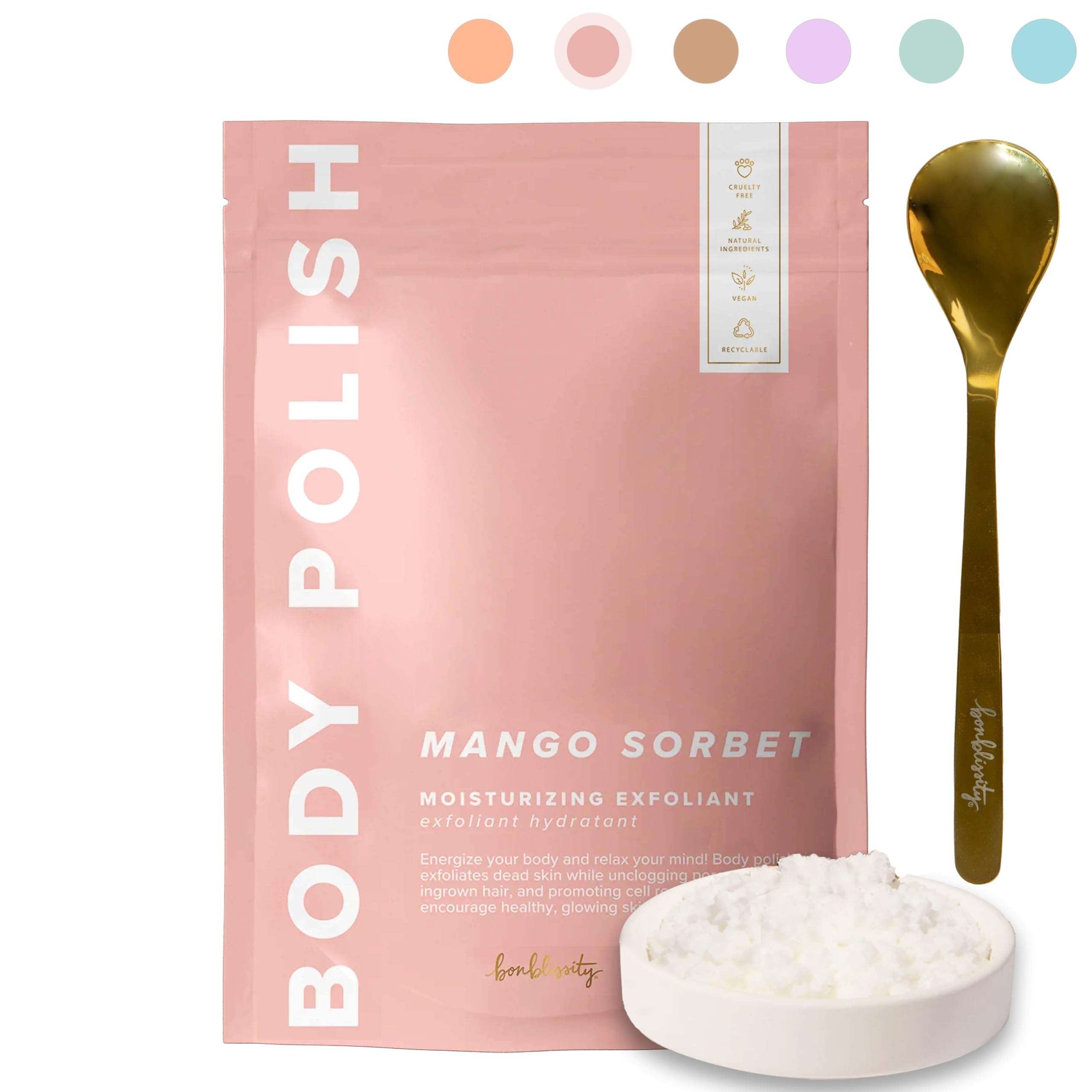 Bonblissity Body Polish, 8oz. - Mango Sorbet Scented Body Scrub Exfoliator for Women, Exfoliating Sugar Scrub To Lotion Moisturizer, Gentle Exfoliant for Dry and Sensitive Skin, Handmade in USA 1
