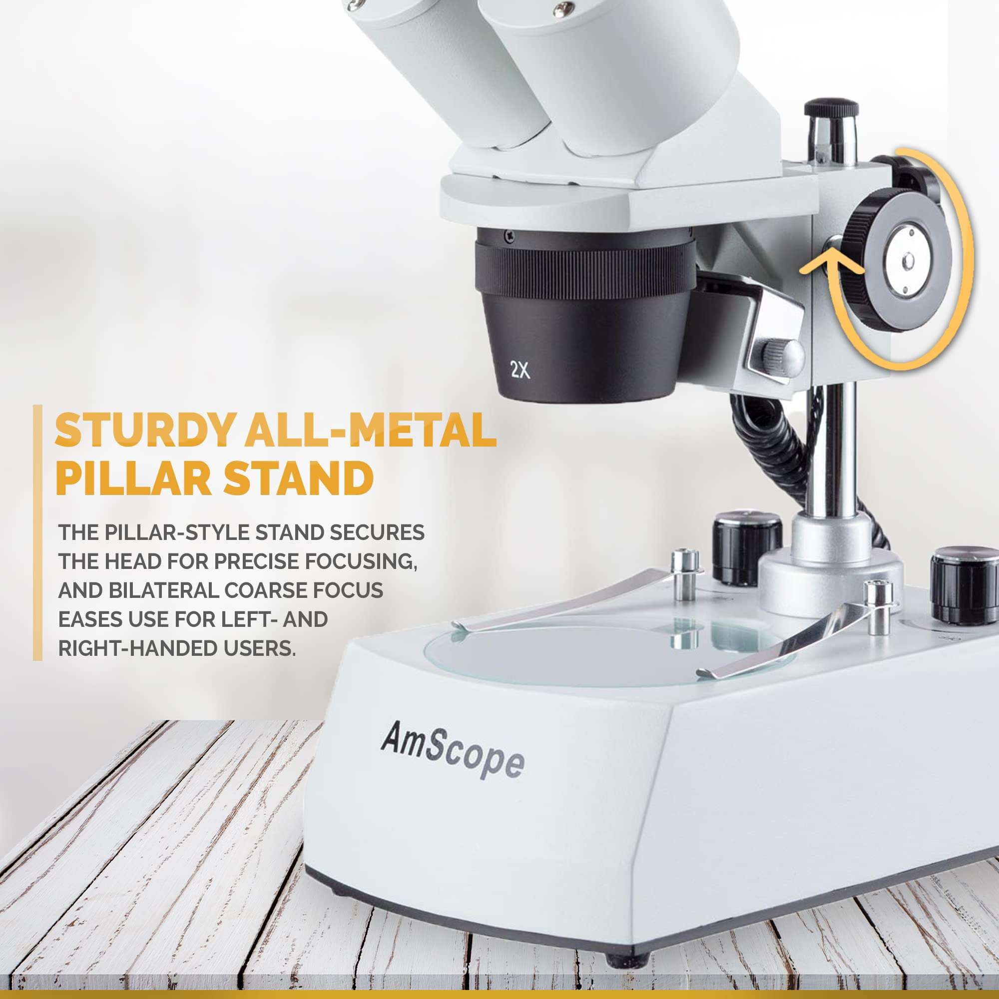 AmScope SE306R-P-LED Forward-Mounted Binocular Stereo Microscope, WF10x Eyepieces, 20X and 40X Magnification, 2X and 4X Objectives, Upper and Lower LED Lighting, Reversible Black/White Stage Plate, Pillar Stand, 120V or Battery-Powered 6